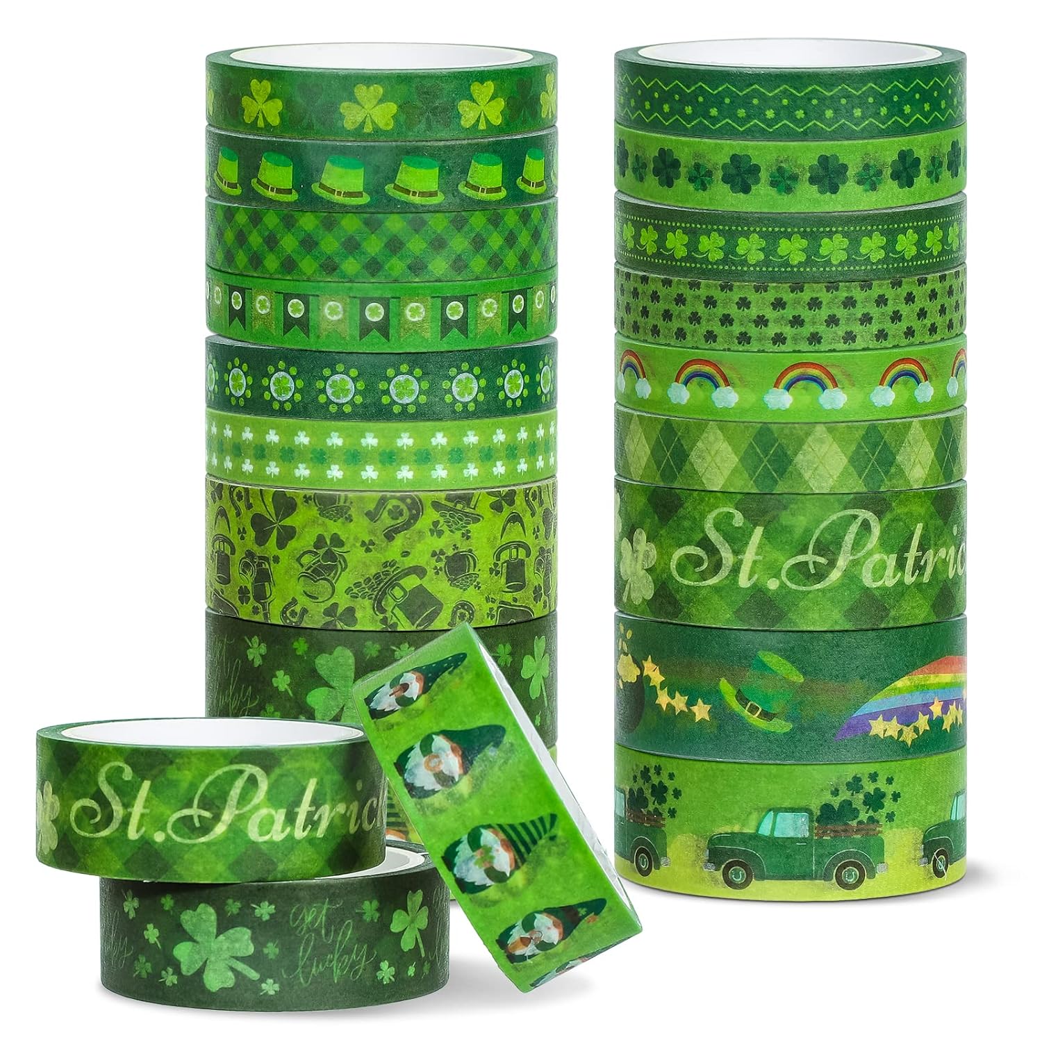 Whaline 18 Rolls St. Patrick' Day Washi Tape Green Washi Masking Tape Lucky Shamrock Clover Truck Gnome Pattern Decorative Paper Stickers 2 Sizes for Irish Holiday Scrapbook DIY Craft Decor, 16.4Ft