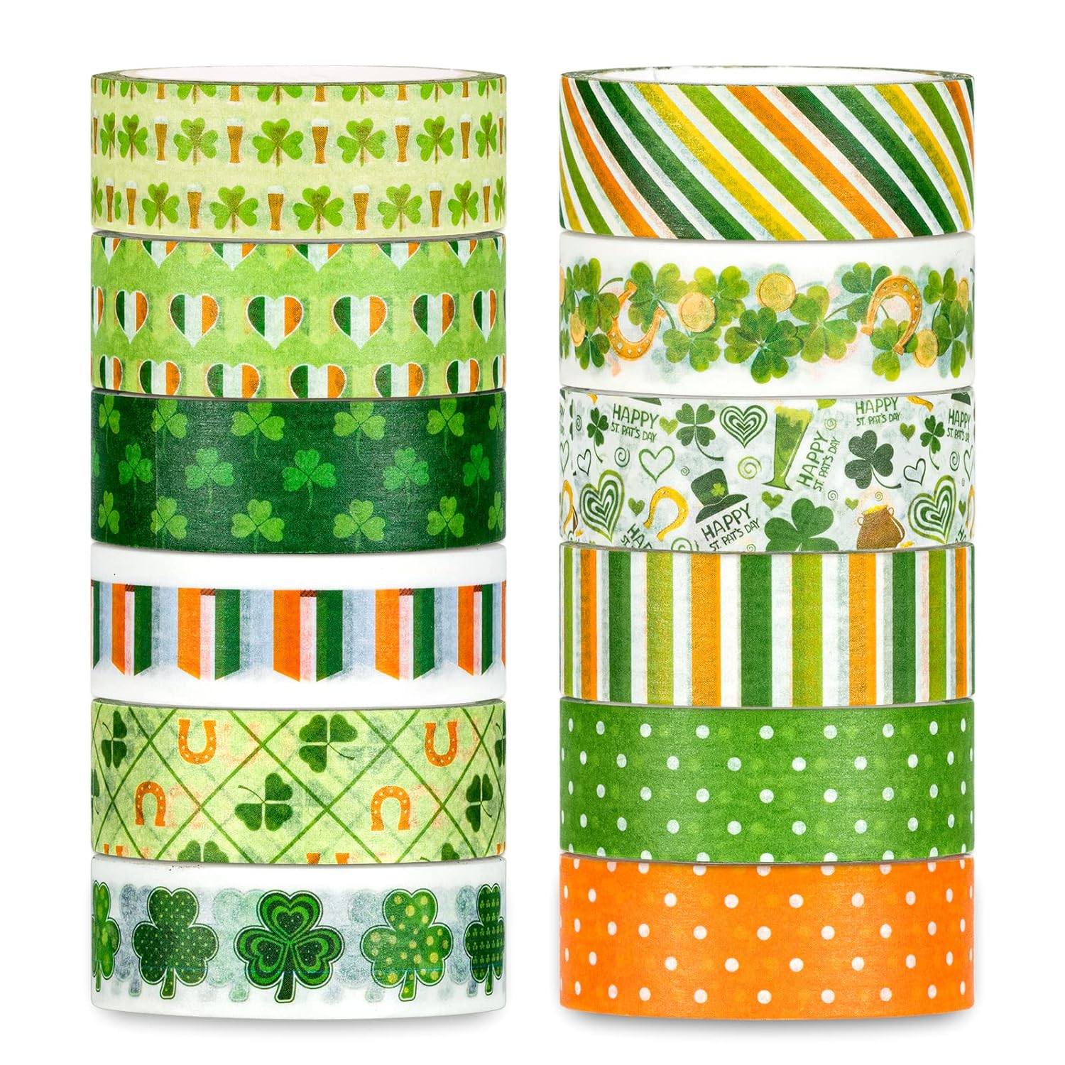 Whaline 12 Rolls St. Patrick' Day Washi Tape Irish Flag Washi Masking Tape Orange Green Lucky Shamrock Pattern Decorative Paper Stickers for St. Patrick' Day Scrapbook Gift Packing DIY Crafts