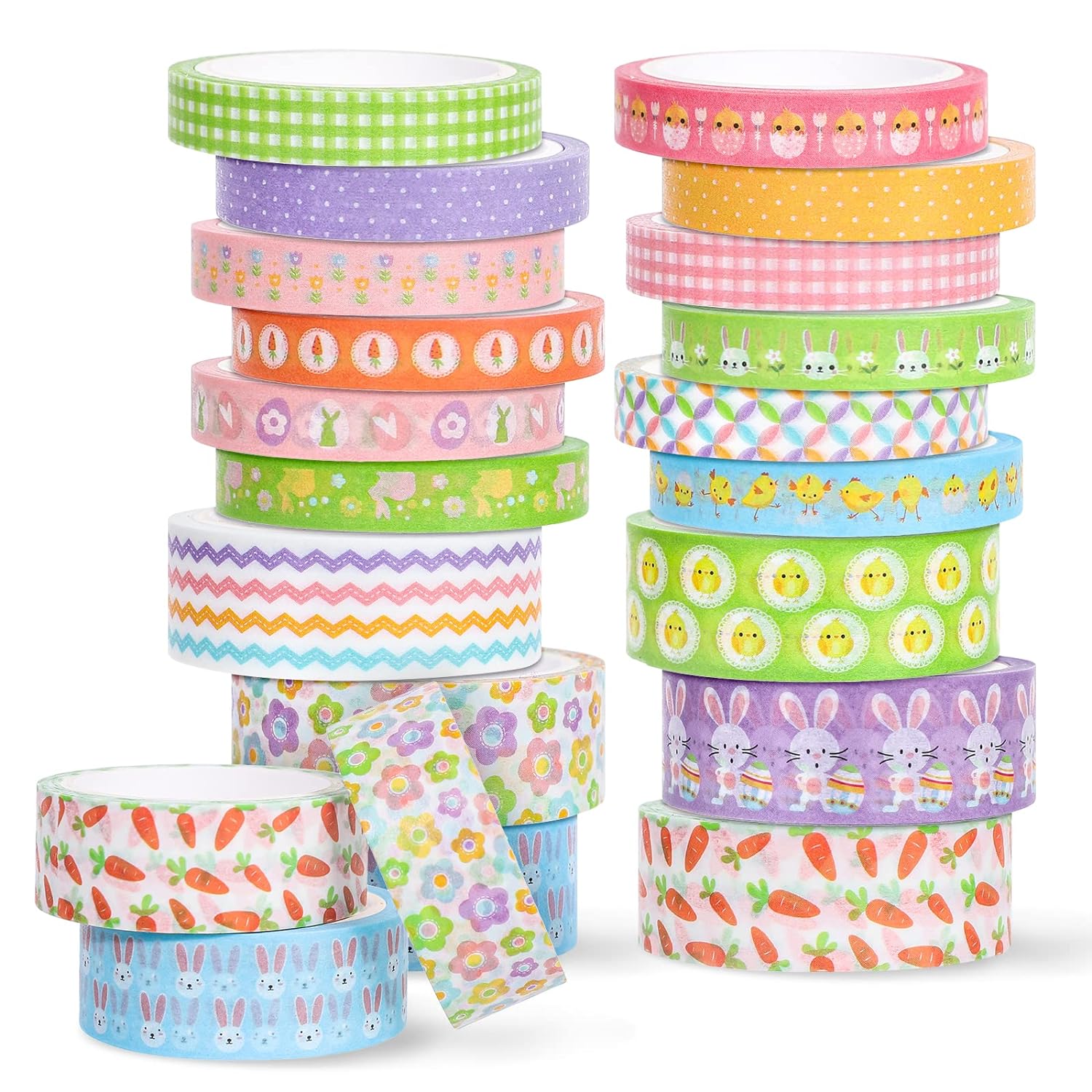 Whaline 18 Rolls Easter Washi Tape Colorful Masking Tape Cute Rabbit Bunny Carrot Chick Pattern Decorative Paper Stickers 2 Size for Easter Birthday Holiday Scrapbook DIY Craft Gift Wrapping, 16.4Ft