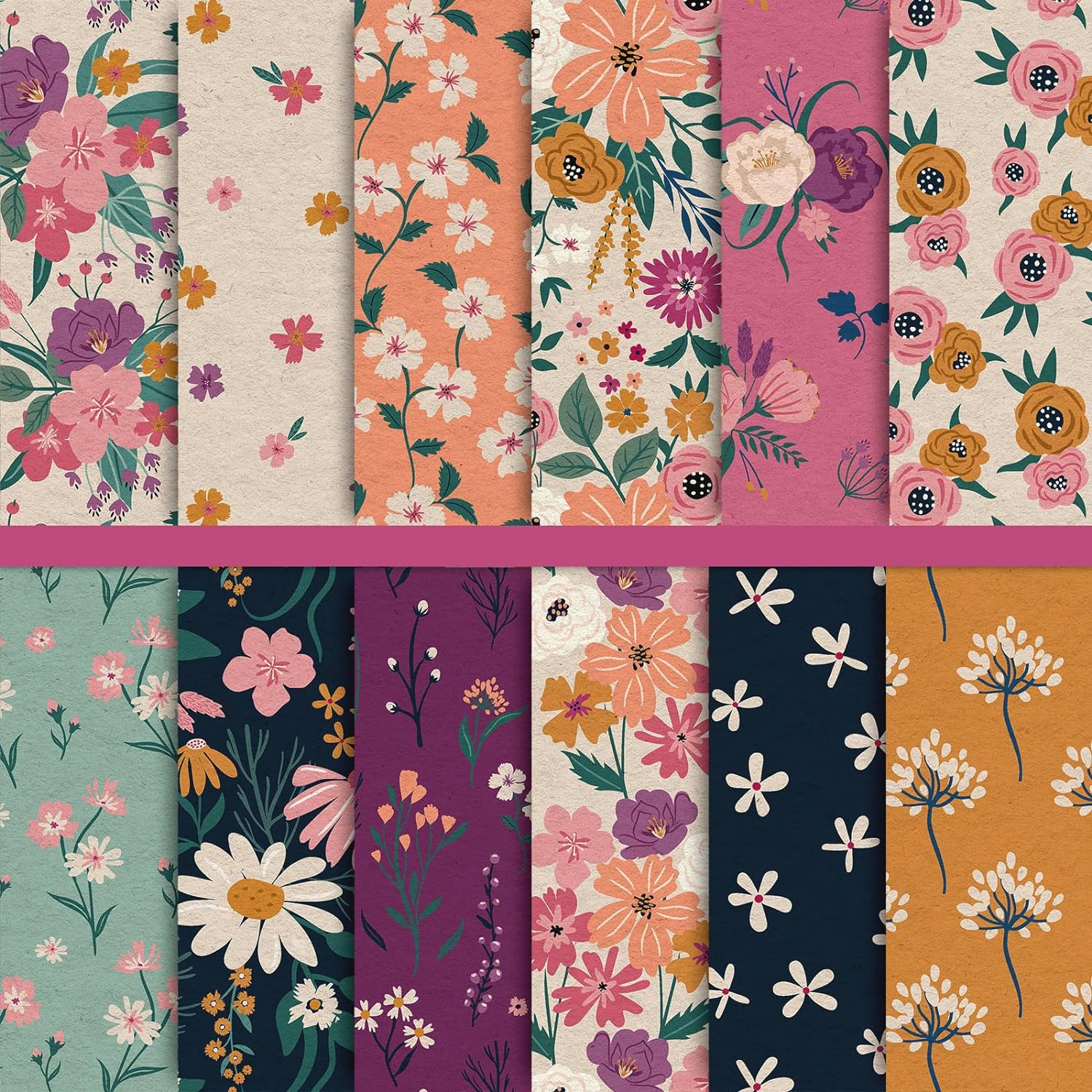 Whaline 12 Designs Spring Pattern Paper Pack 24 Sheet Vintage Floral Scrapbook Paper Double-Sided Collection Decorative Craft Paper Folded Flat for Card Making Scrapbook Photo Album Decor, 30 x 30cm