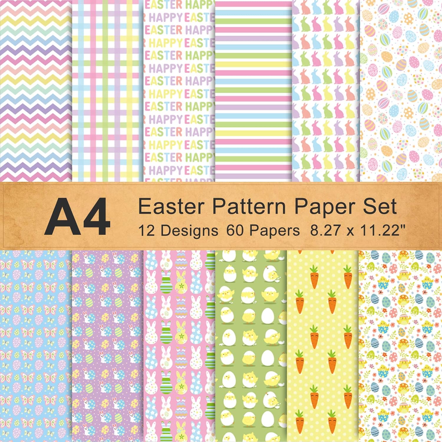 Whaline 60 Sheet Double-Sided Easter Pattern Paper Set A4 Size 12 Designs Easter Bunny Rabbit Egg Craft Paper Holiday Decorative Origami Paper for Card Making Die Cuts Scrapbook Gift Decoration