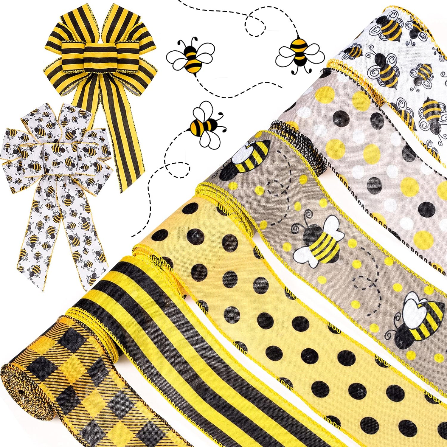 Whaline 30 Yard Bumble Bee Fabric Burlap Ribbon 6 Design Yellow Black Dots Plaid Strip Wired Edge Ribbon Summer Fabric Craft Decorative Ribbon for Gift Wrapping Birthday Party Decor Hair Bow Sewing