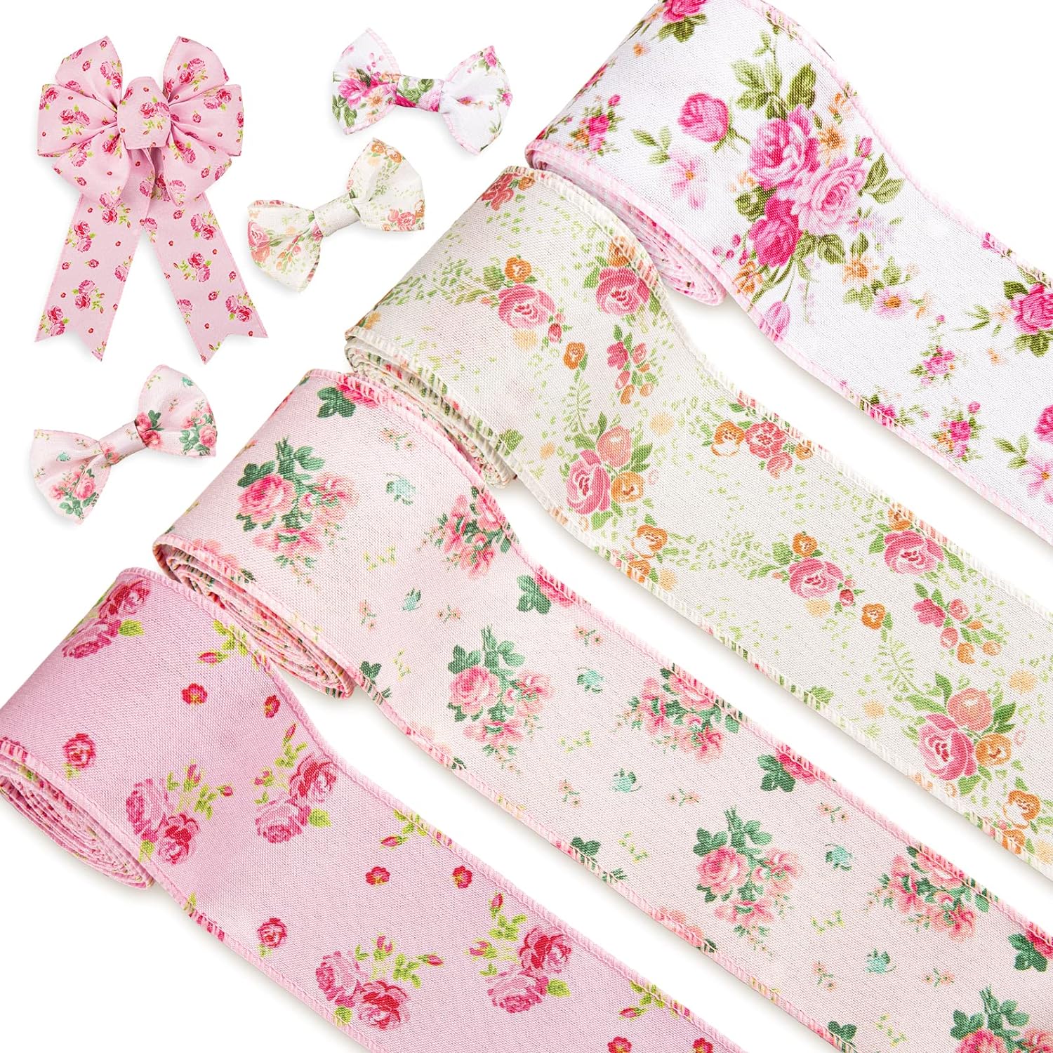 Whaline Floral Wired Edge Ribbon 4 Rolls Rose Flower Pattern Ribbon Spring Summer Fabric Decorative Craft Ribbon Roll for Gift Wrapping Decor Hair Bow Sewing Wreath Crafts, 20 Yard x 2.5 Inch