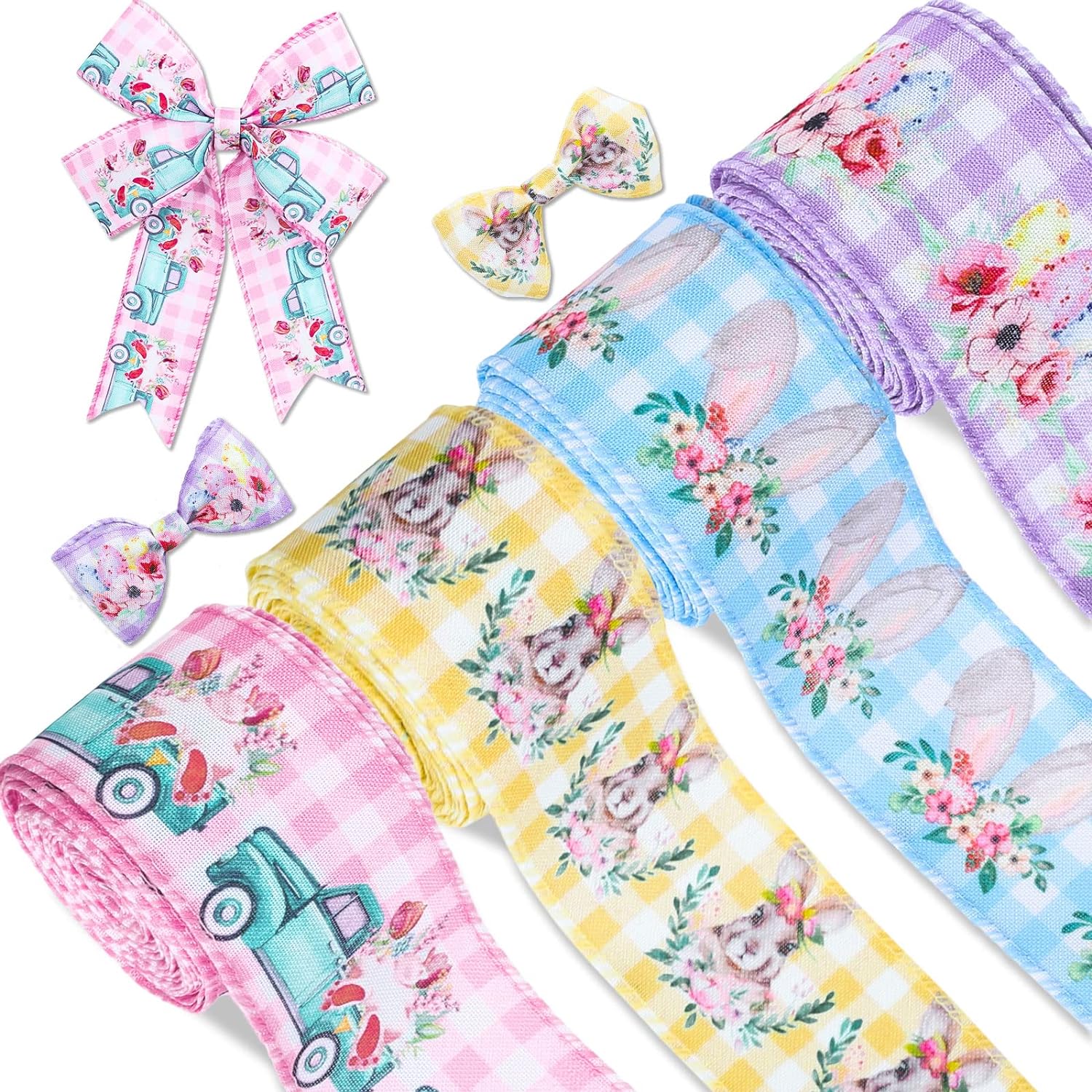 Whaline 30 Yards Easter Wired Edge Ribbon Easter Bunny Rabbit Truck Egg Craft Ribbons Buffalo Plaids Watercolor Spring Decorative Fabric Ribbon for Gift Wrapping Hair Bow Sewing Wreath Crafts