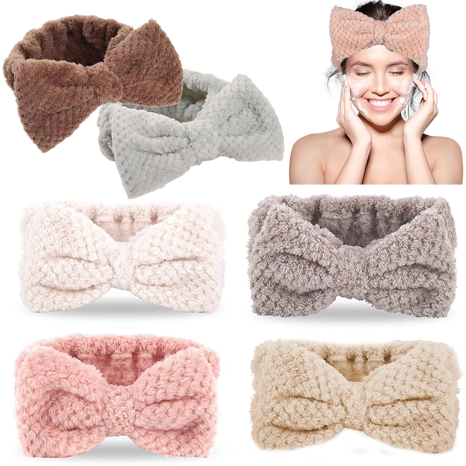 Whaline 6 Pack Spa Headband Pelerine Design Bowknot Headband Elastic Yoga Makeup Headband Soft Fluffy Bowtie Hair Band Head Wrap for Washing Face Shower Sports Beauty Skincare Women Girls