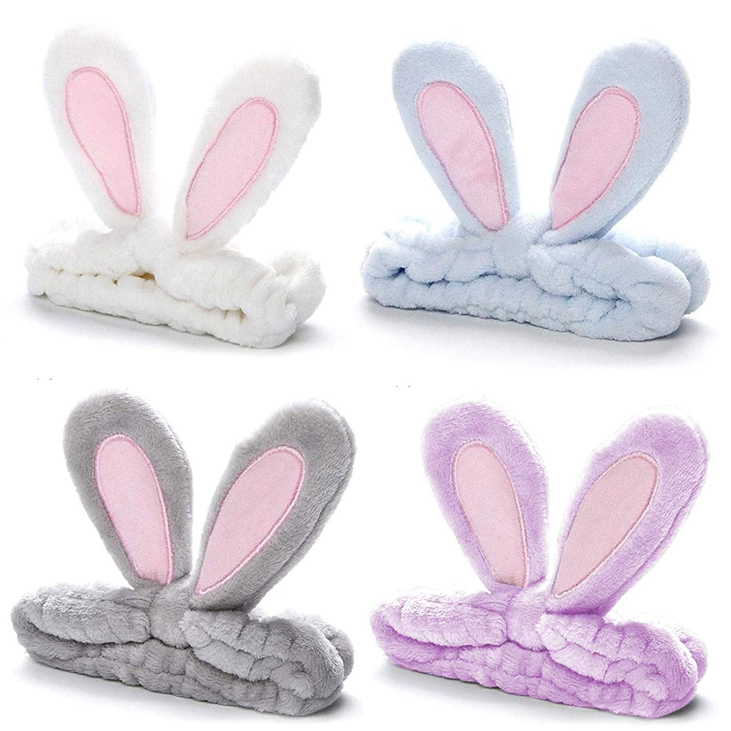 Whaline 4 Pack Easter Bunny Makeup Headband Rabbit Ear Spa Hair Band Coral Fleece Elastic Head Wrap Stretchy Headband for Party Face Washing Beauty Shower Women Girls (Blue, White, Gray, Purple)