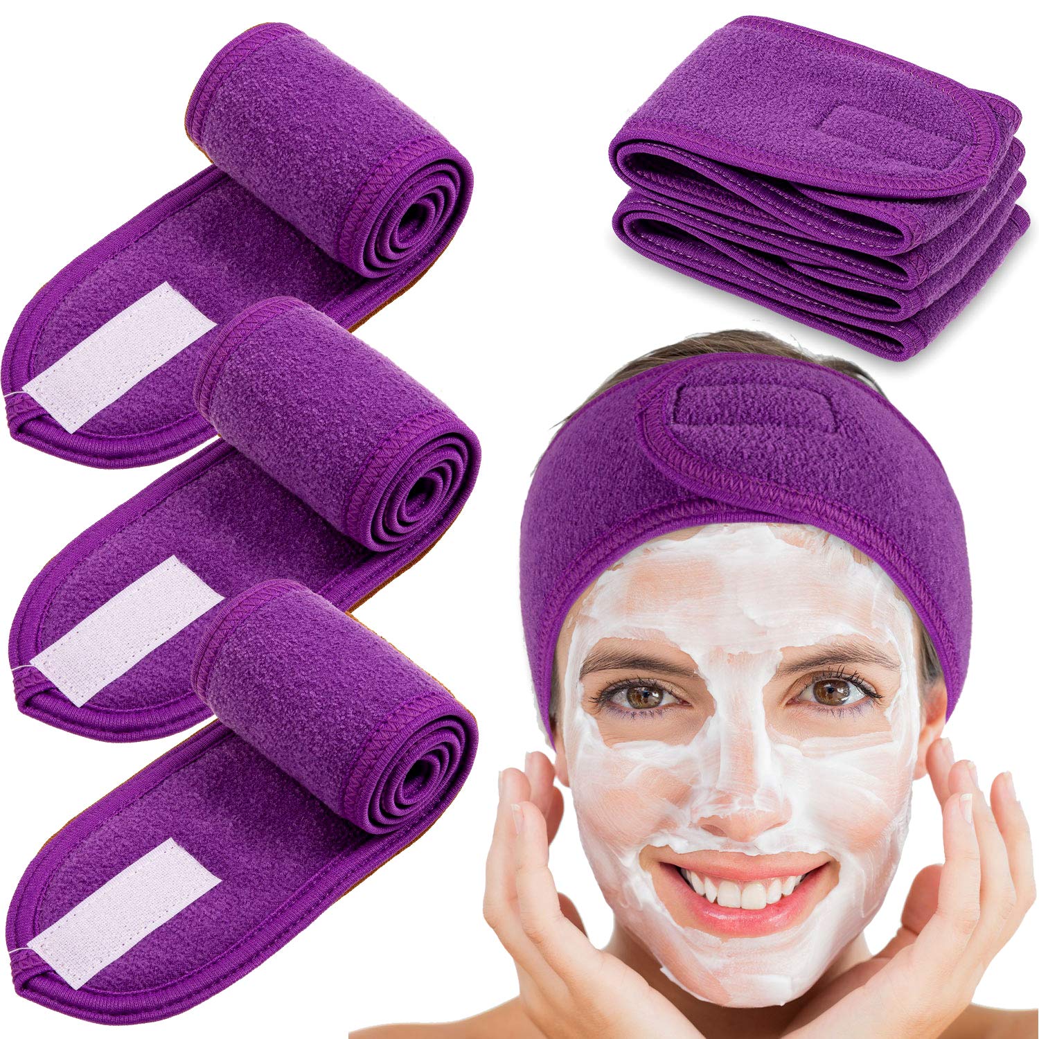 Spa Facial Headband Whaline 4 Packs Head Wrap Terry Cloth Headband Adjustable Stretch Towel for Bath, Makeup and Sport (Purple)