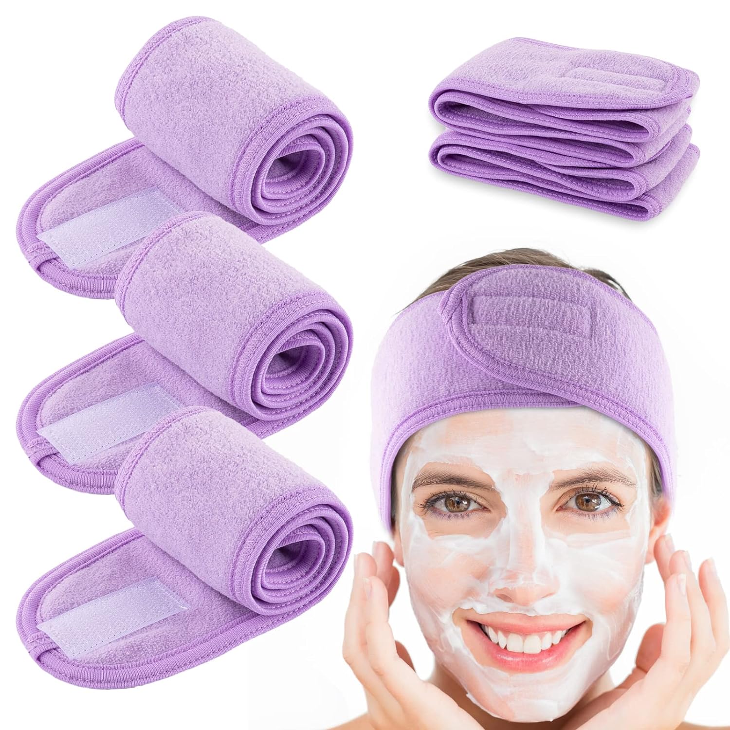 Whaline Spa Facial Headband 4 Packs Head Wrap Terry Cloth Headband Adjustable Stretch Towel for Bath, Makeup and Sport (Light Purple)