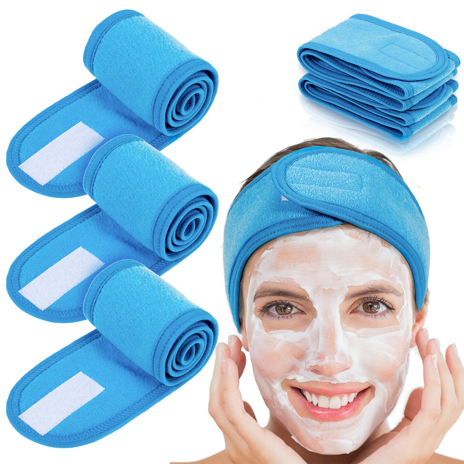 Whaline 4 PCS Spa Headband, Make up Hair Band, Stretch Terry Cloth Headband for Sport Yoga Shower (Blue)