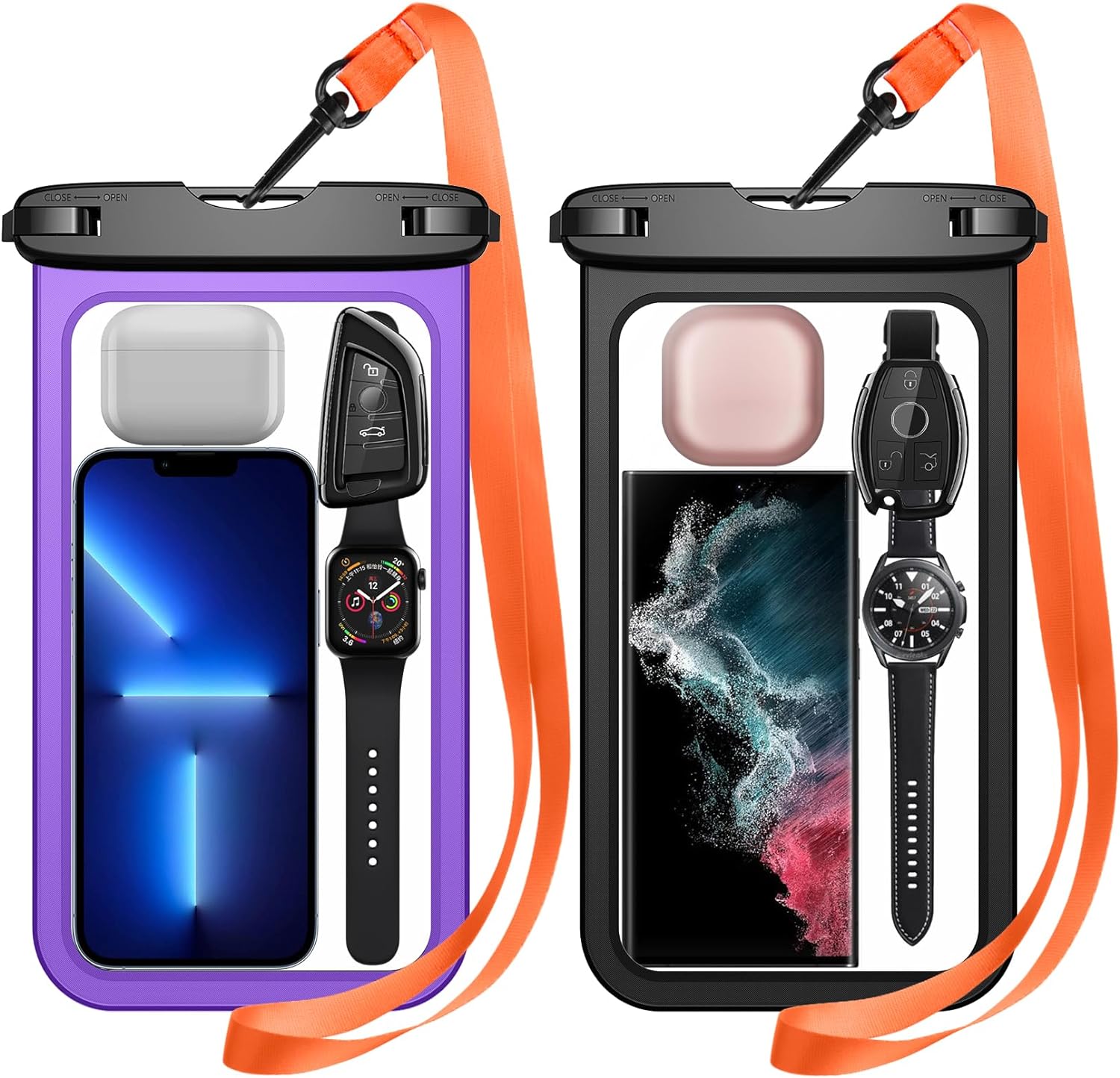 Temdan 2 Pcs Waterproof Phone Pouch,[Up to 10 Large]Universal IPX8 Waterproof Cell Phone Case Dry Bag with Lanyard for iPhone 14 Pro Max/13/12/11/SE,Galaxy S23 Ultra/S22/S21 for Vacation,Purple/Black