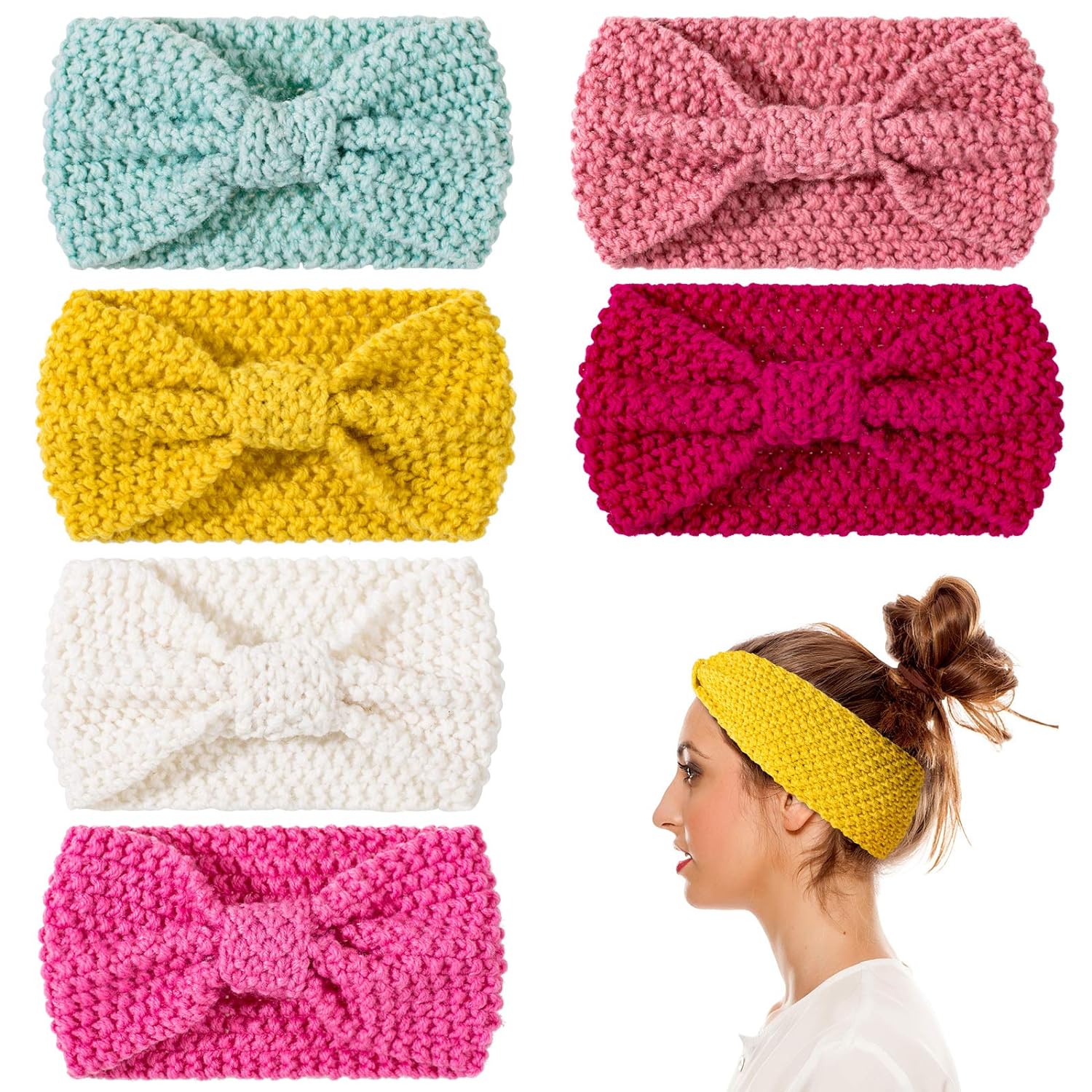 Whaline 6 Pieces Knit Headbands Winter Ear Warmers, Elastic Turban Head Wraps with Crocheted Bow Knot, Hair Band Accessories, Hair Scrunchies Scarves for Women Girls (Candy Colors)