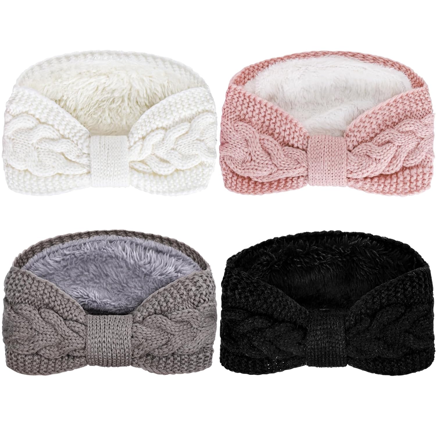 Whaline 4 Pack Twisted Knit Headbands Winter Knotted Head Wraps Fuzzy Lined Headband Thick Crochet Turban Ear Warmer Elastic Hair Band Accessories for Women (White, Pink, Black, Grey)