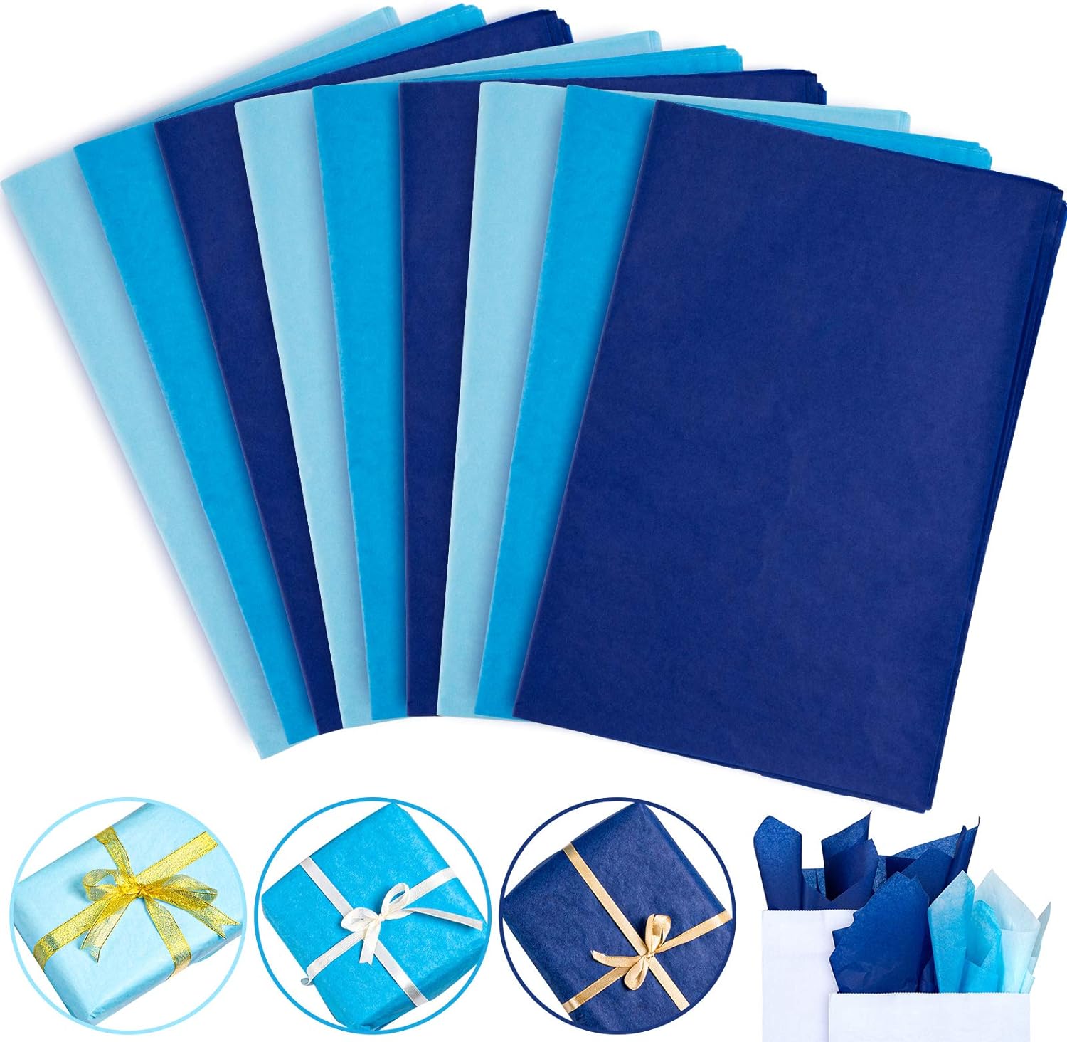 Whaline 120 Sheet Gradient Blue Tissue Paper Assorted Blue Gift Wrapping Paper 15 x 20 Inch Gift Wrap Tissue Paper Art Paper Crafts for DIY Gift Wrapping Birthday Easter Wedding Baby Shower, 3 Colors