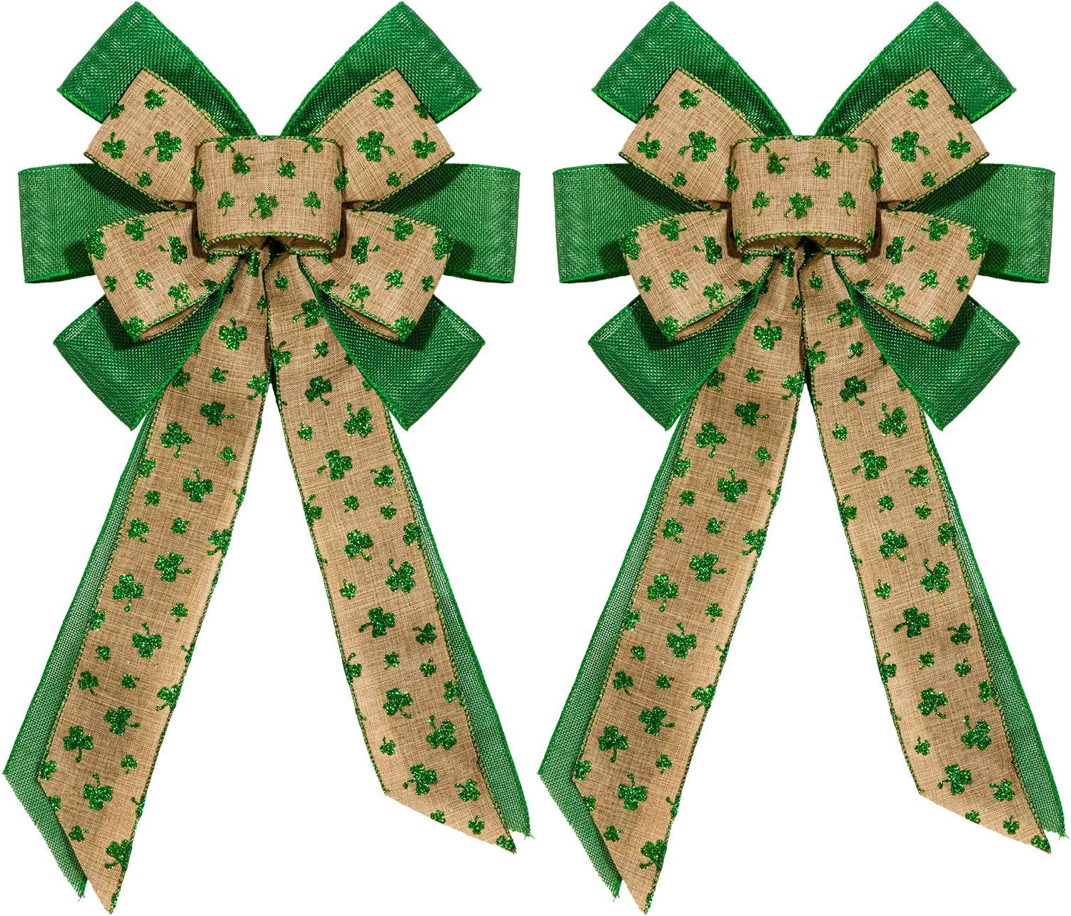 Whaline 2Pcs St.Patrick' Day Wreath Bow Decoration Large Green Glitter Clovers Crafts Bows Flax Shamrock Door Wall Ornaments Tree Topper Bows for Home Decor St. Patrick' Day Party