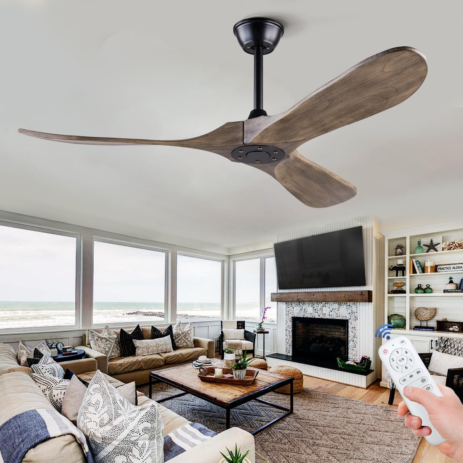 BOJUE 52 Wood Ceiling Fan Without Light Remote Control, Low Profile Ceiling Fan Indoor Outdoor with 3 blade for Patio Living Room, Bedroom, Office, Summer House