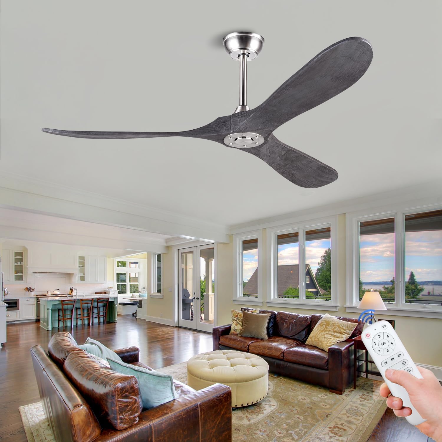 BOJUE 60 Wood Ceiling Fan Without Light Remote Control, Low Profile Ceiling Fan Indoor Outdoor with 3 blade for Patio Living Room, Bedroom, Office, Summer House, Etc (Gray Drawing Lines Blades)