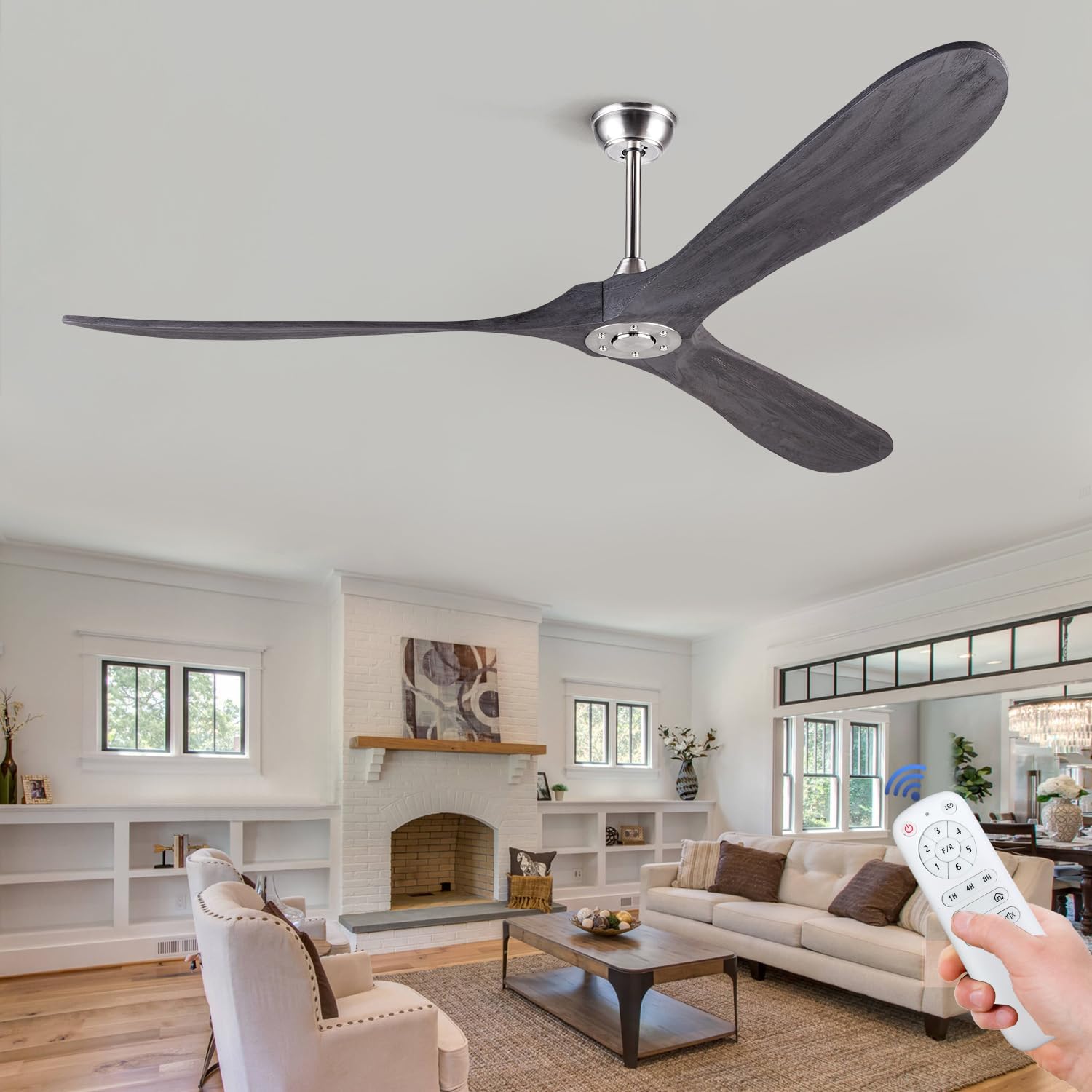 BOJUE 72 inch Wood Ceiling Fans Without Light, Low Profile Ceiling Fan with Remote Control Indoor Outdoor Fan Light with 3 blade for Farmhouse Patio Living Room, Bedroom, Office (Gray Drawing Lines)