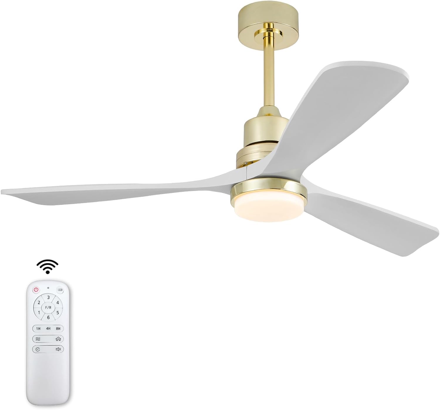 BOJUE 52 inch Gold Ceiling Fans with Lights and White Solid Wood Fan Blades - Modern Ceiling Fan with Remote for Indoor/Outdoor Farmhouse, Low Profile Bedroom, Patio - Gold Finish and White Blades