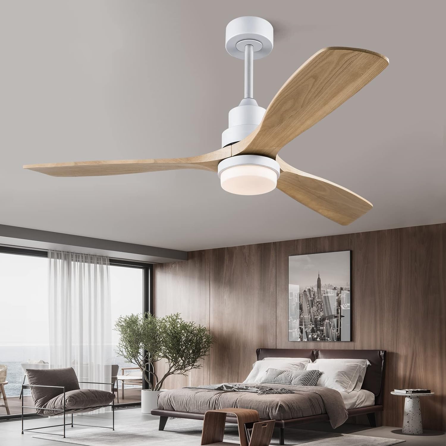 BOJUE 60 Ceiling Fans with Light Remote Control,Indoor Outdoor Wood Ceiling with 3 Blade Fan for Patio, Living Room, Bedroom, Office, Summer House