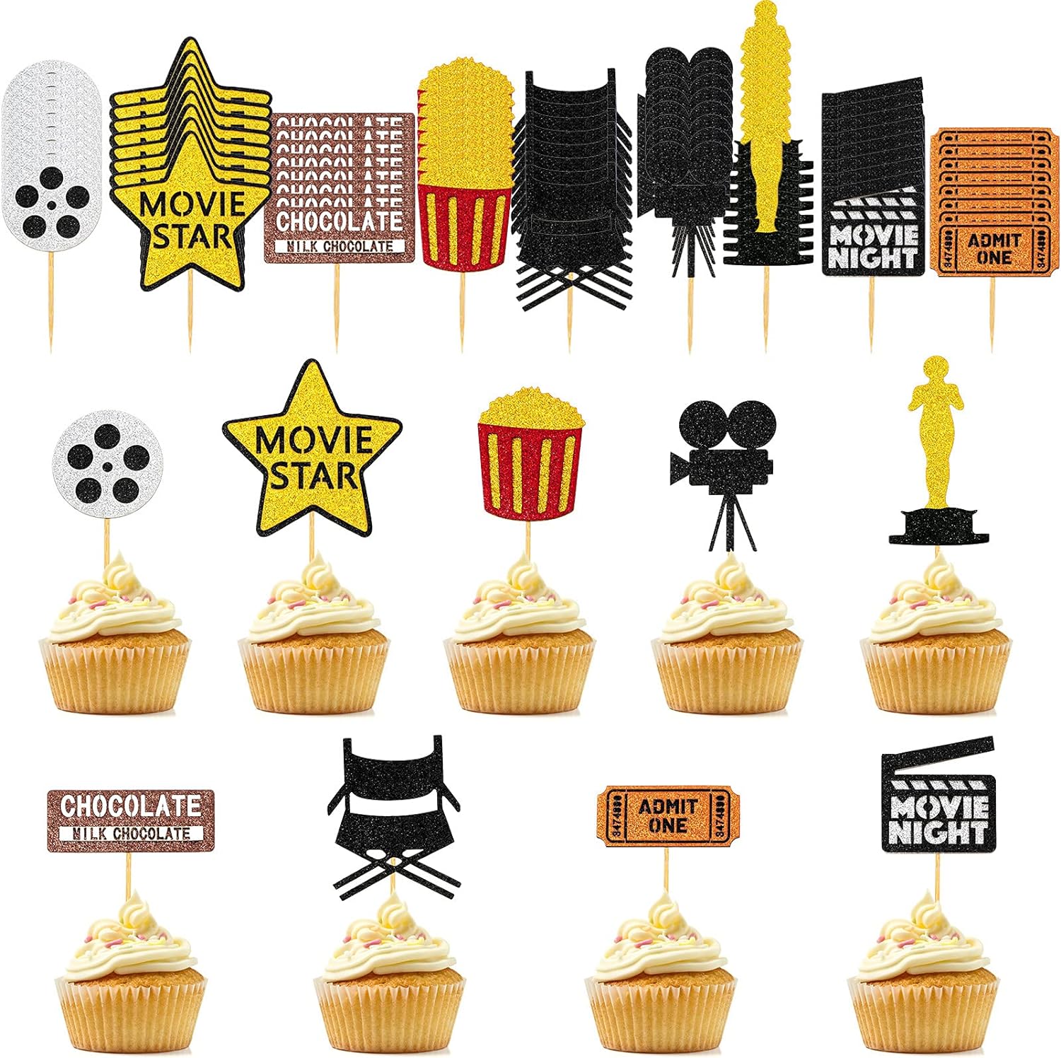 72 Pieces Movie Night Cupcake Toppers Movie Theme Party Picks Movie Party Supplies Decorations for Wedding Birthday Party, 9 Styles