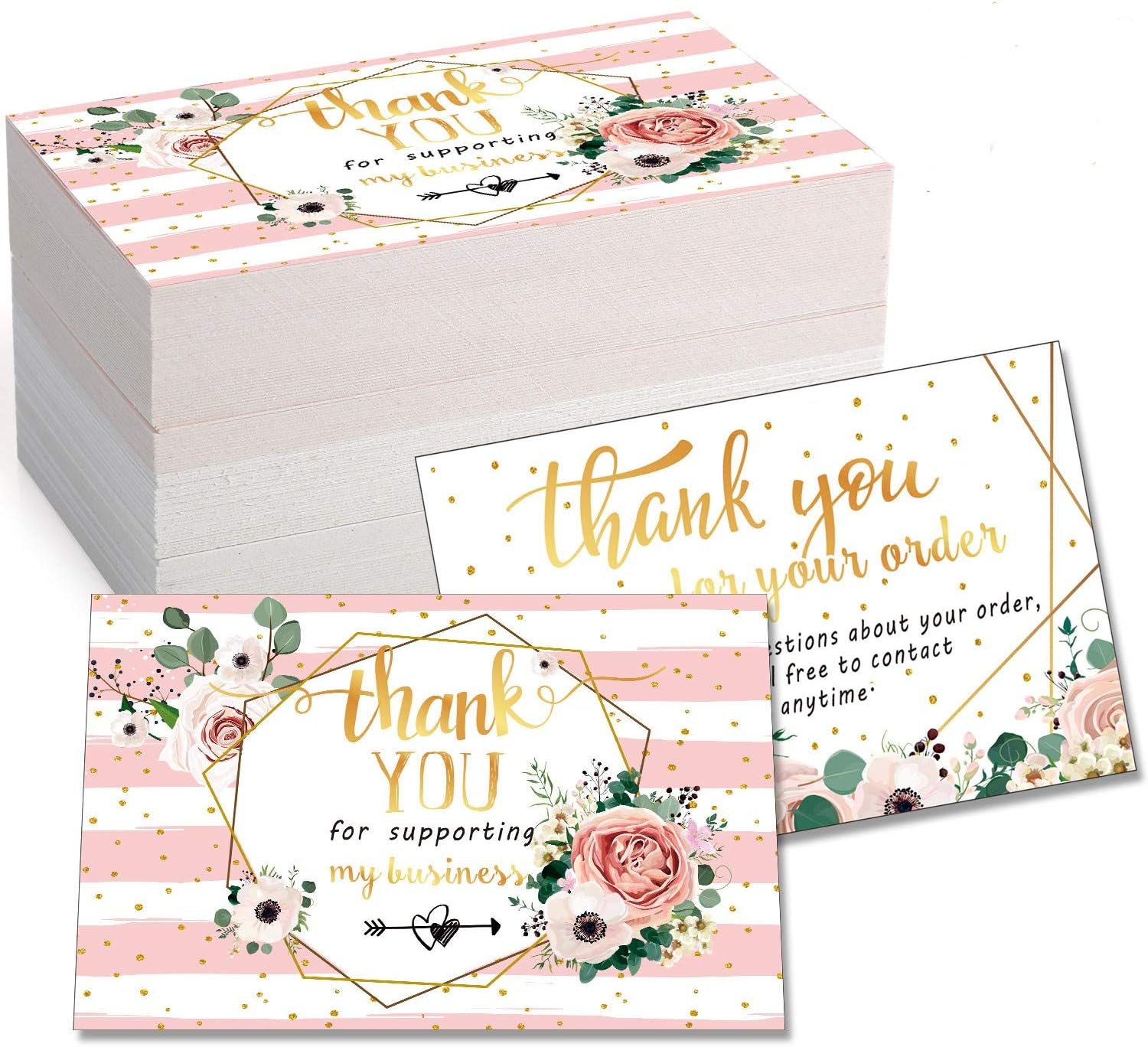 120 Mini Thank You for Your Order Business Cards Shopping Purchase Thanks Greeting Cards to Customer Appreciation Cards for Small Business Owners, 3.5 x 2 Inch Pink Floral Theme