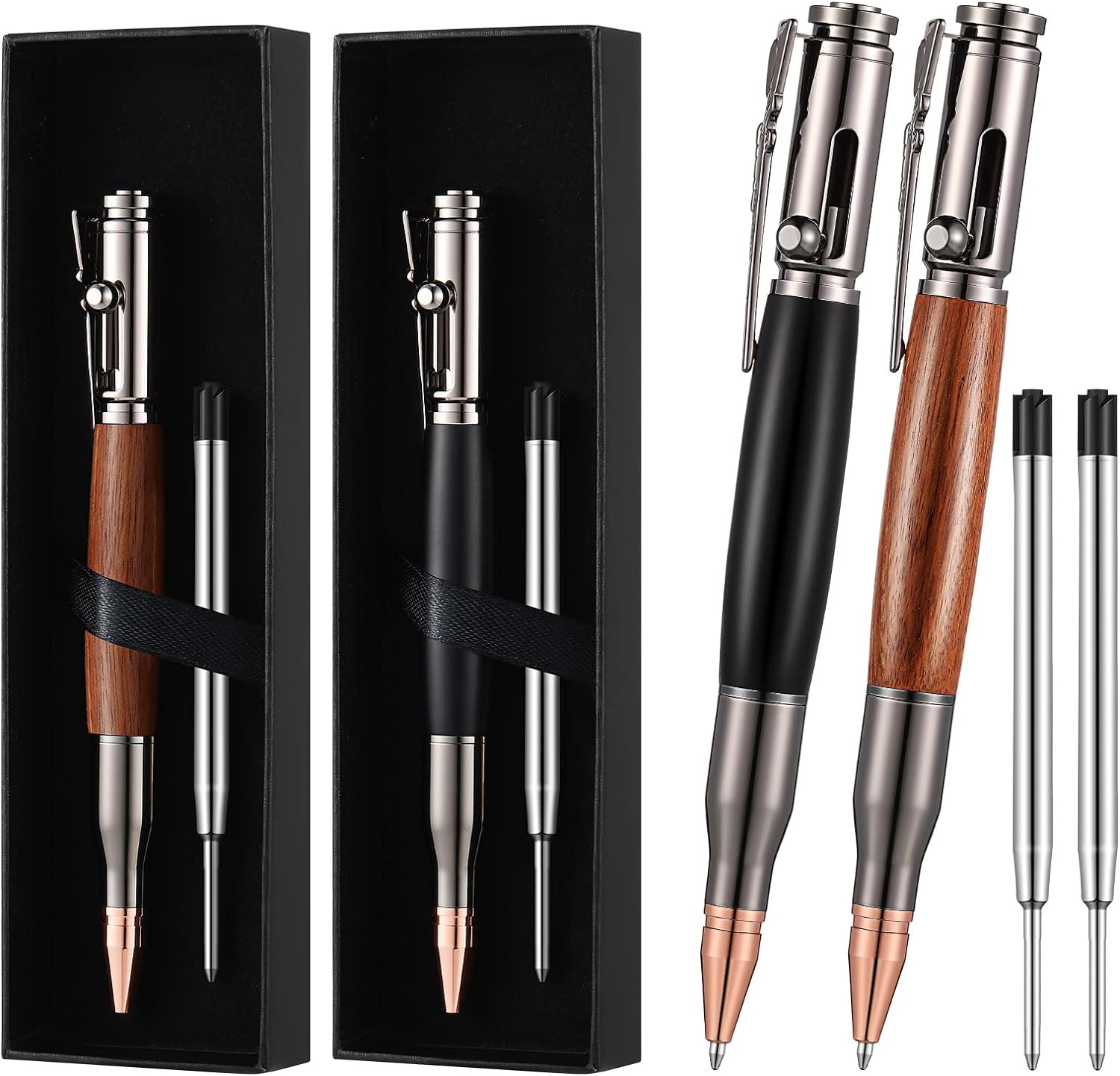 Chinco 2 Pieces Bolt Action Pen Wood Ballpoint Solid Brass Pens Bullet Shaped Metal Pen and 2 Pieces Pens Refills with 2 Present Boxes for Father' Day, Valentine, Birthday, Black Ink (Black, Brown)