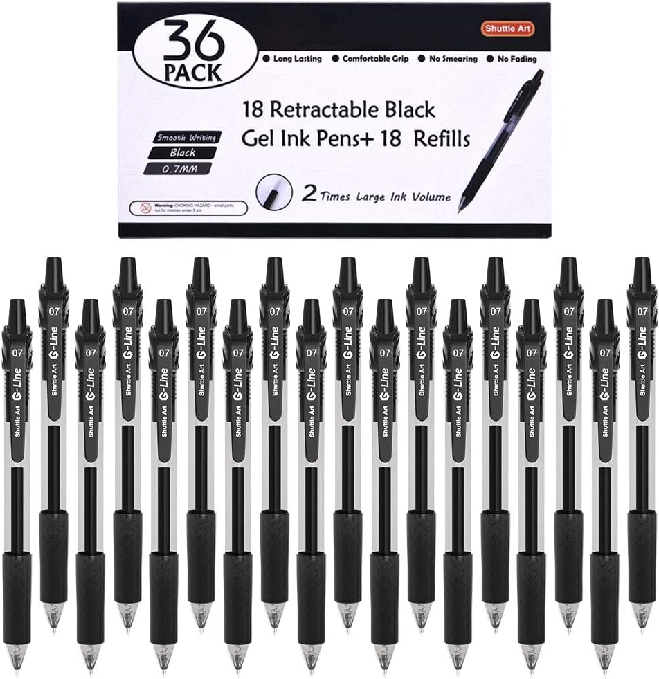 Shuttle Art Black Gel Pens, 36 Pack(18 Gel Pens with 18 Refills) Retractable Medium Point Rollerball Gel Ink Pens Smooth Writing with Comfortable Grip