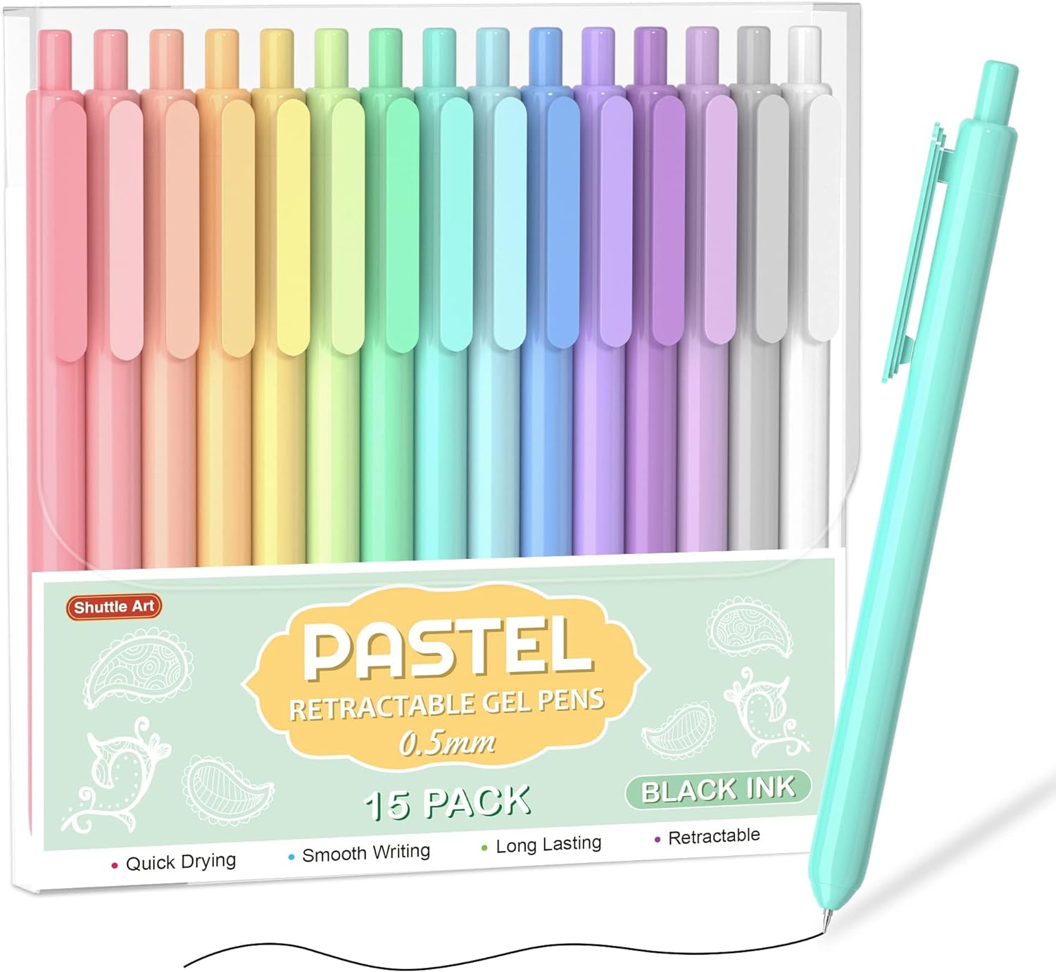 Shuttle Art Retractable Pastel Gel Ink Pens, 15 Pack Black Ink Pens, Cute Pens 0.5mm Fine Point for Writing Journaling Taking Notes School Office Home