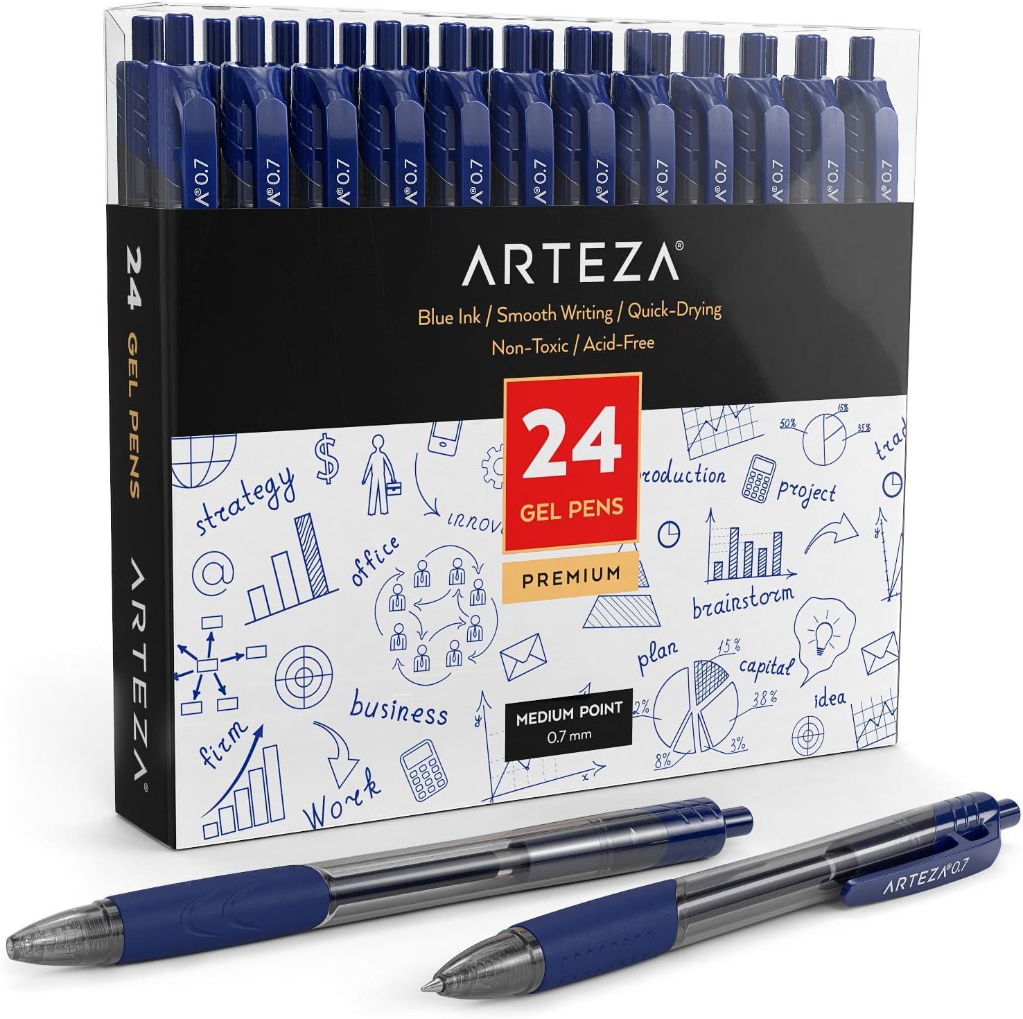 ARTEZA Blue Gel Pens, Pack of 24, 0.7mm Medium Point, Quick-Drying Ink for Smooth Writing, Office, College School Supplies, Note-Taking