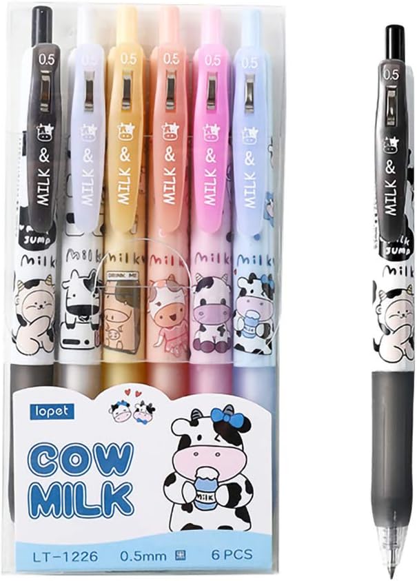 Cute Milky Cow Pens, Retractable Gel Pens, Black Gel Ink Pens, 0.5mm, Bullet Point, Perfect for Office School Supplies Gifts for Boys Girls,Pack of 6pcs (Milky Cow)