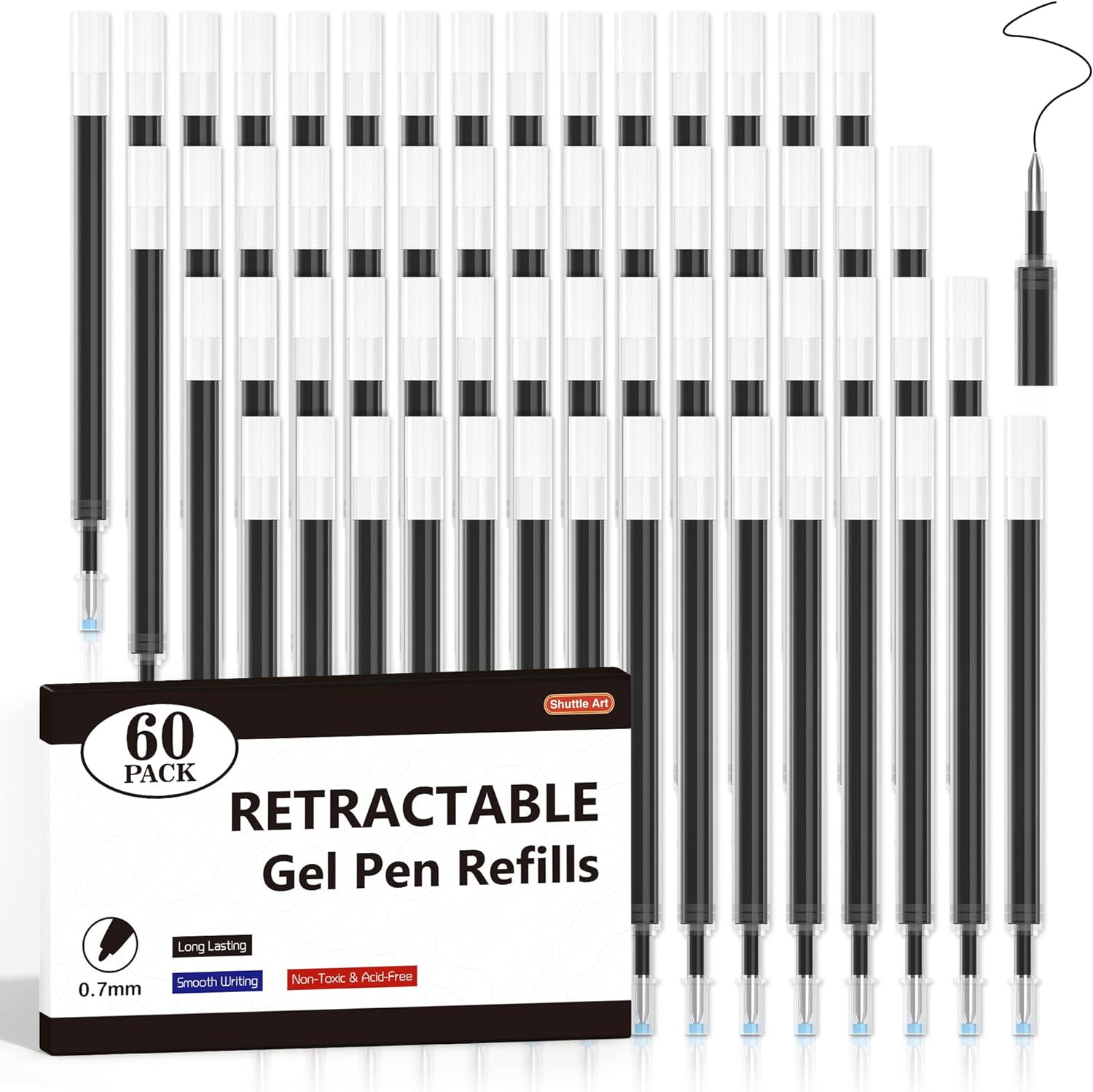 Retractable Gel Pen Refills, Shuttle Art 60 Pack Black Rollerball Gel Ink Pens Refills, Bulk Set, 0.7mm Fine Point for Writing Journaling Taking Notes School Office Home