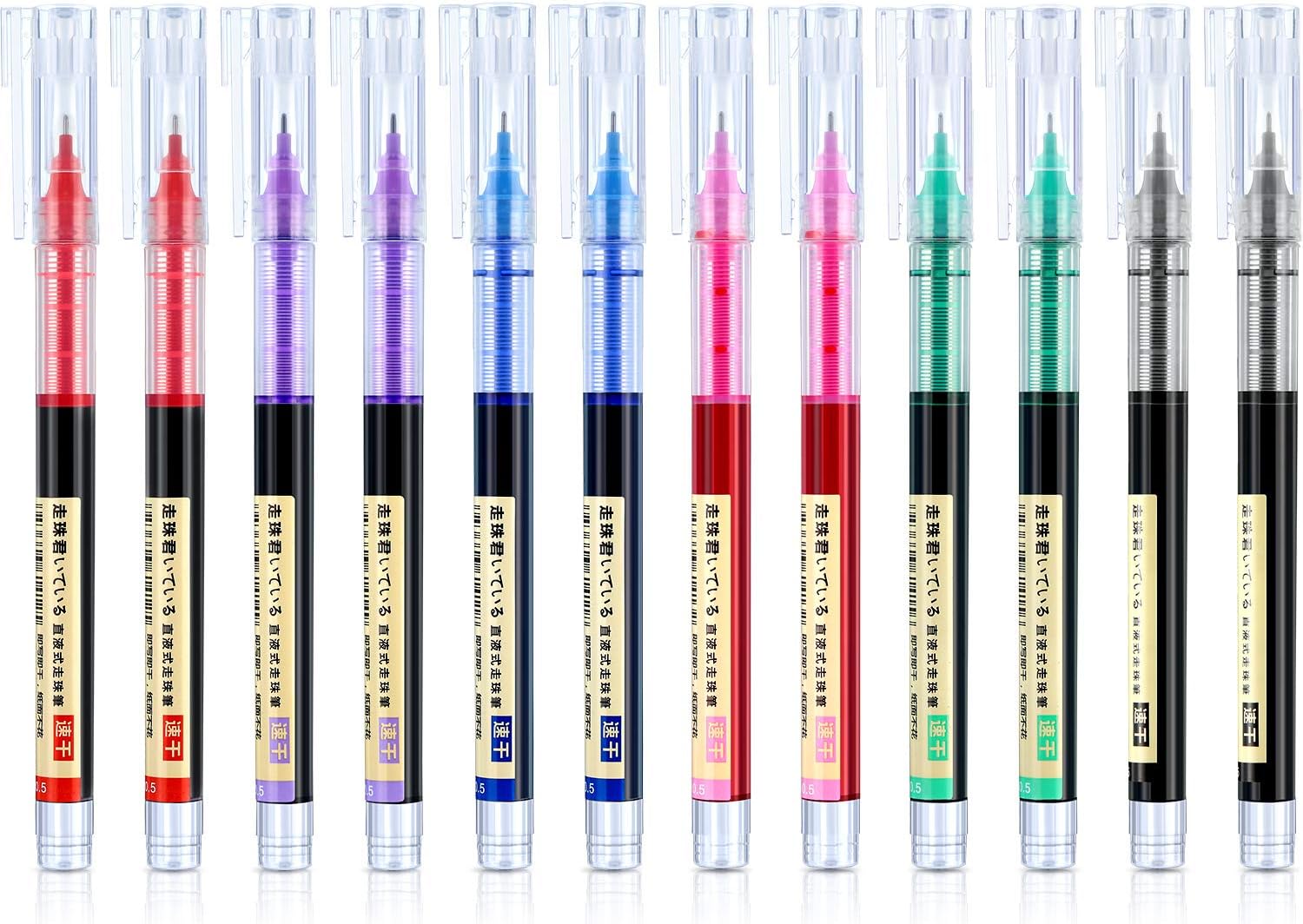 12 Pieces Rolling Ball Pens, Quick-Drying Ink 0.5 mm Extra Fine Point Pens Liquid Ink Pen Rollerball Pens (Multicolor)