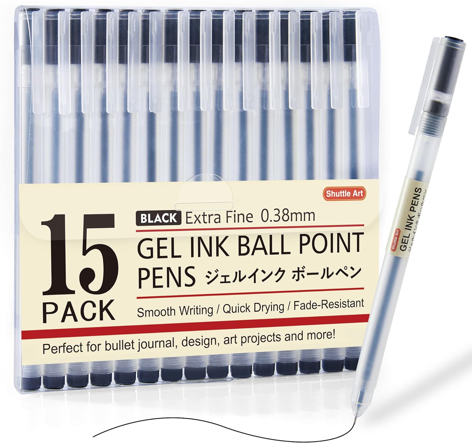 Shuttle Art Gel Ink Ball Point Pens, 15 Pack Black Japanese Style Pens, 0.38mm Extra-Fine Ballpoint Pens for Home, School and Office