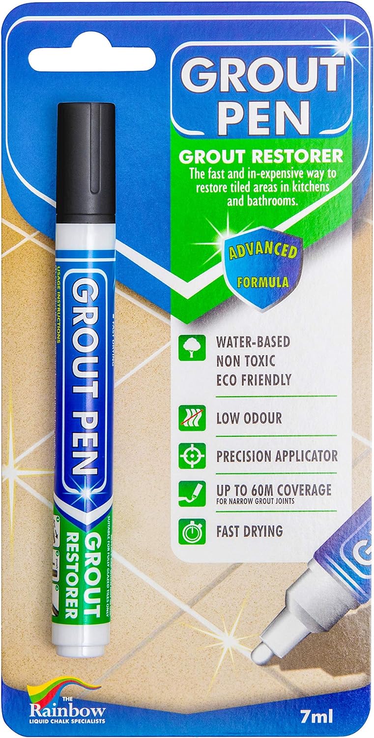 Grout Pen Black Tile Paint Marker: Waterproof Grout Paint, Tile Grout Colorant and Sealer Pen - Black, Narrow 5mm Tip (7mL)