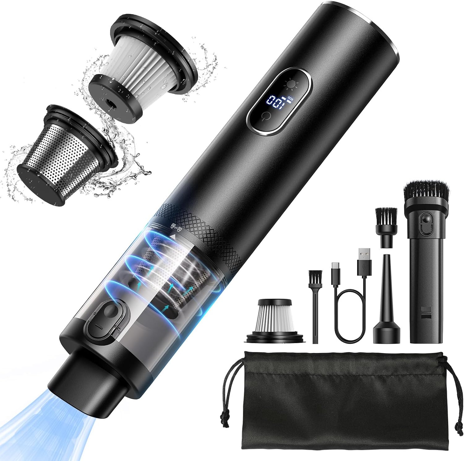 Car Vacuum Cleaner, 15000Pa High Power Handheld Vacuum, LED Display Cordless Car Vacuum, 2 Speeds, 30 Mins Runtime, 150ml Dust Cup, 4 in 1 Portable Mini Vacuum for Car, Home, Office