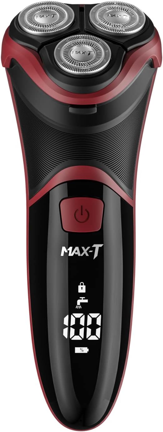 MAX-T Men' Electric Shaver - Corded and Cordless Rechargeable 3D Rotary Shaver Razor for Men with Pop-up Sideburn Trimmer Wet and Dry Painless 100-240V Red