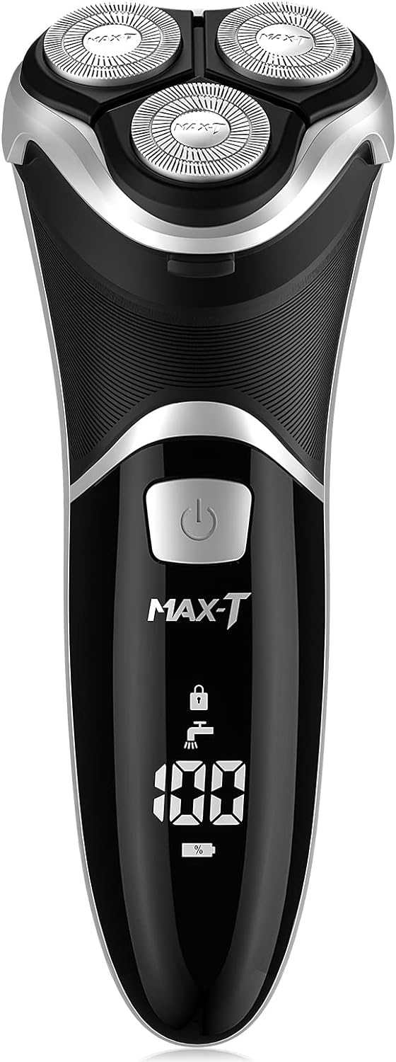 MAX-T Men' Electric Shaver - Corded and Cordless Rechargeable 3D Rotary Shaver Razor for Men with Pop-up Sideburn Trimmer Wet and Dry Painless 100-240V Black (Metal Black)