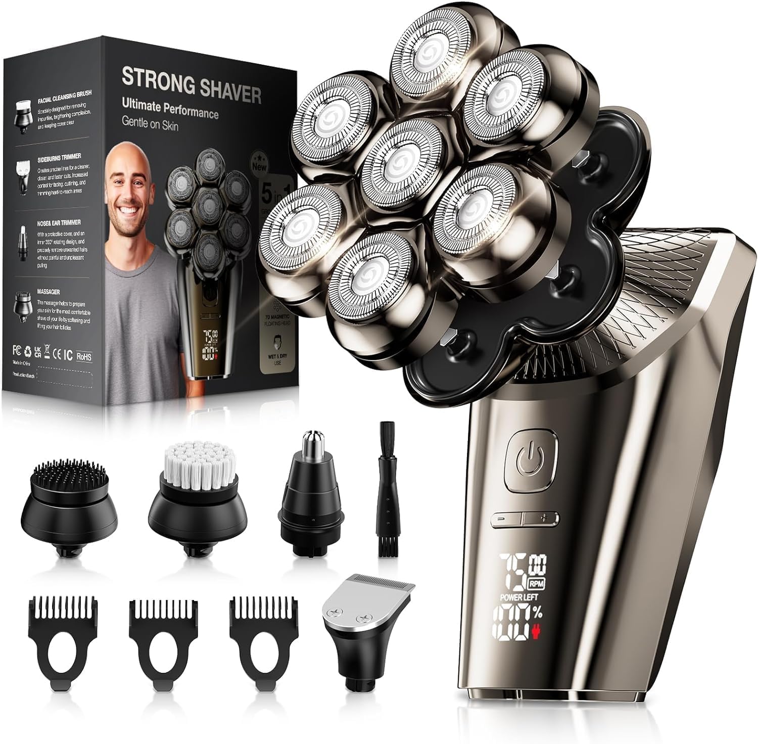 Head Shavers for Bald Men, SHPAVVER 9 in 1 Head Shaving Kit, IPX7 Waterproof Rotary Shaver, Wet/Dry Use, Rechargeable, Electric Shavers Black Gold, Ideal Gift