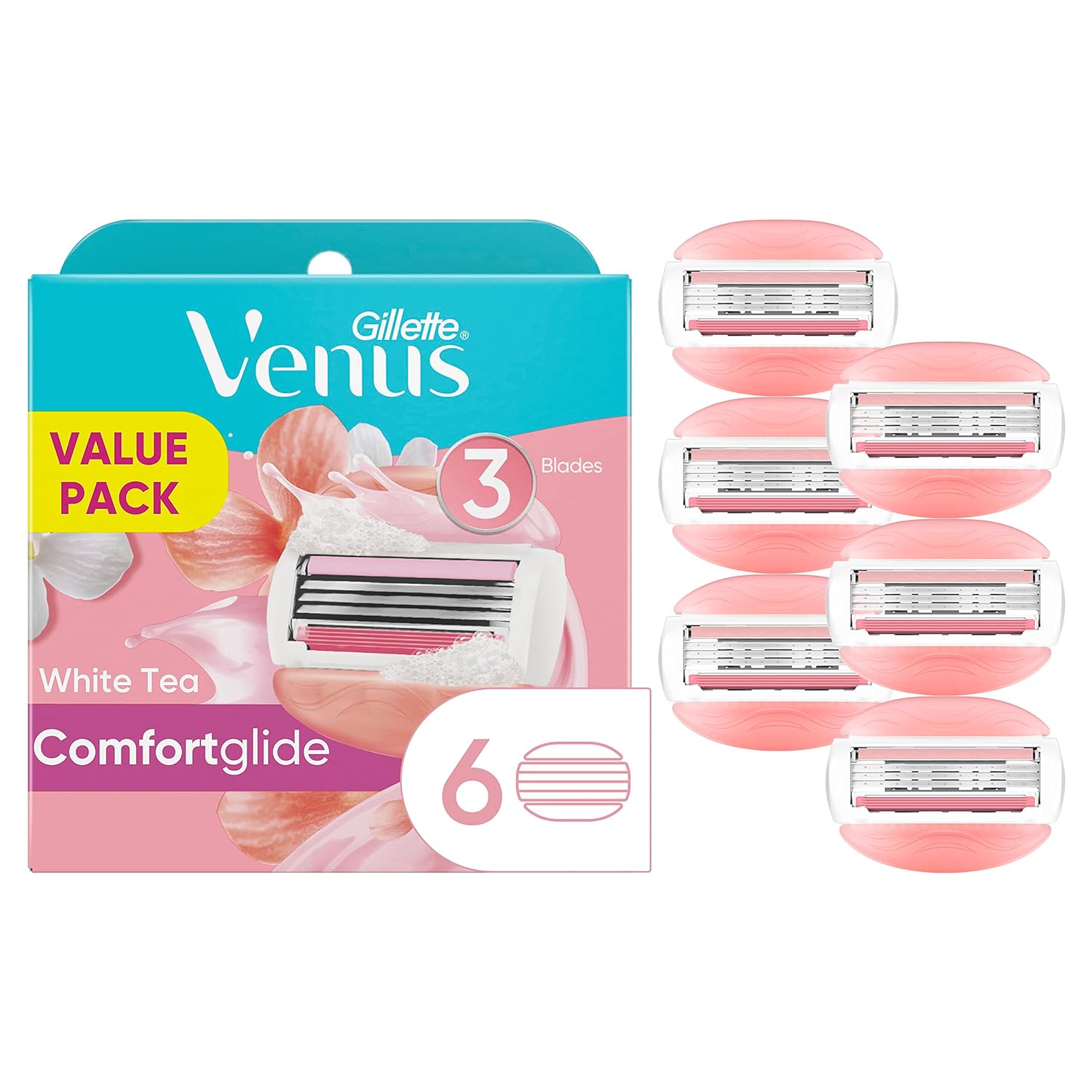 Gillette Venus ComfortGlide Womens Razor Blade Refills, 6 Count,(Pack of 1) White Tea Scented Gel Bar Protects Against Skin Irritation