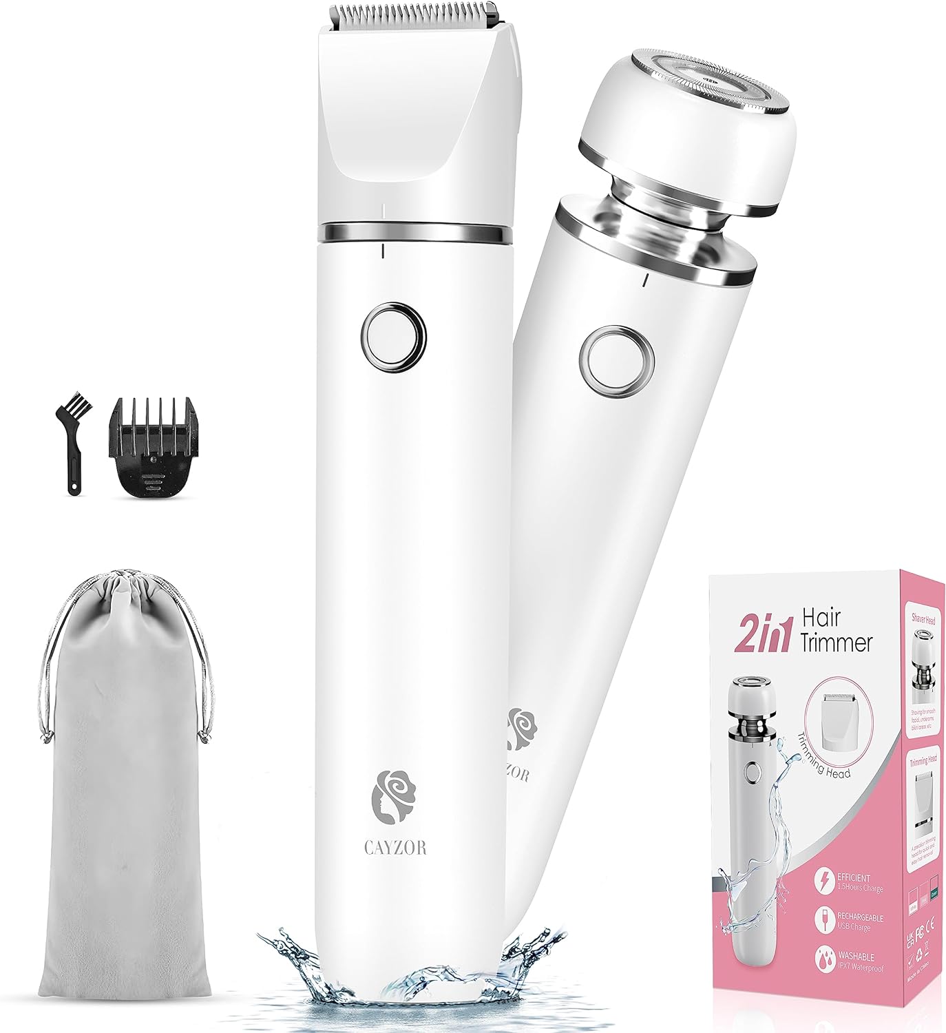 Bikini Trimmer and Shaver for Women - 2-in-1 Wet/Dry Electric Body Hair Cordless Waterproof Facial Removal Razor Painless Trimming of Pubic Face Underarm Legs (White)