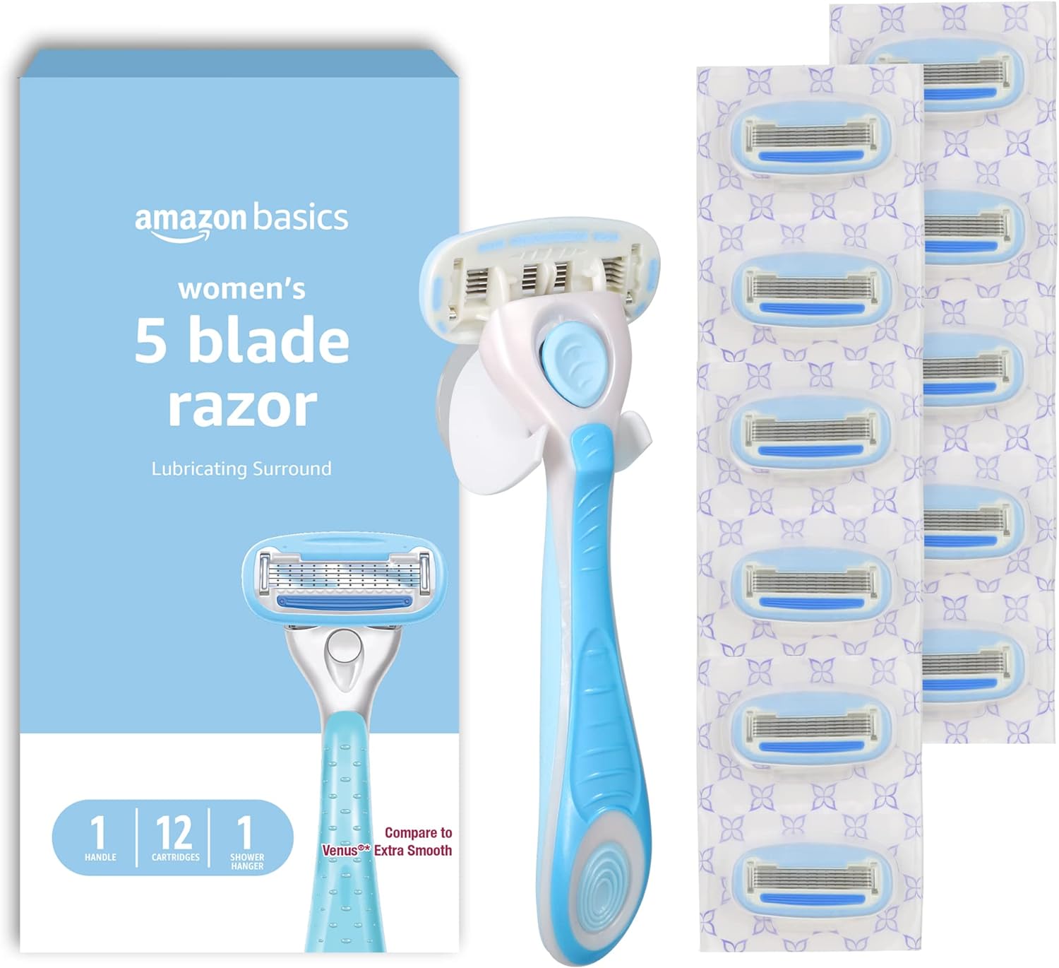 Amazon Basics 5-Blade Razor for Women, Handle, 12 Cartridges & Shower Hanger, Fit Handles only, 14 Piece Set, Blue