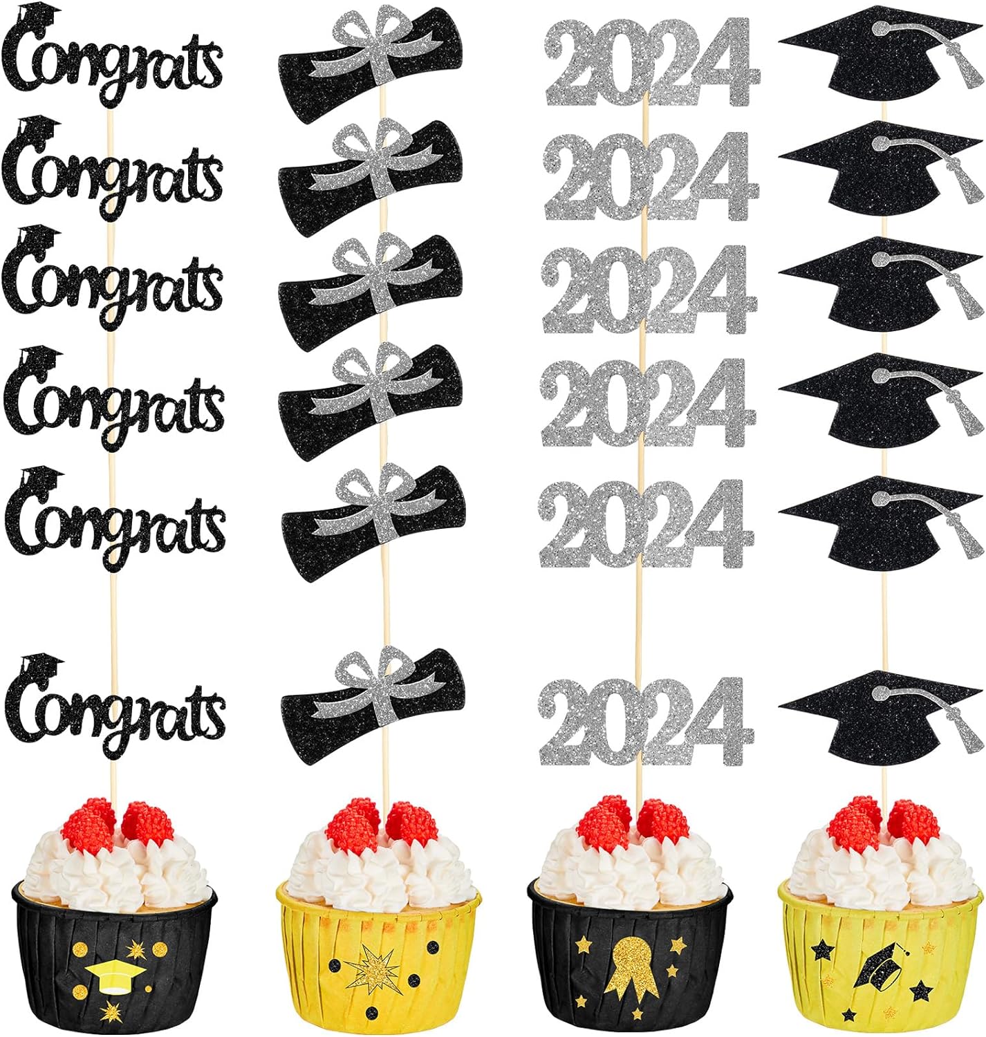 Chinco 100 Pack 2024 Graduation Cupcake Toppers Grad Cap Food Appetizer Picks Cake Graduation Party Decorations Diploma Cupcake Picks for Cake Class of 2024 Graduation Party (Black Silver)