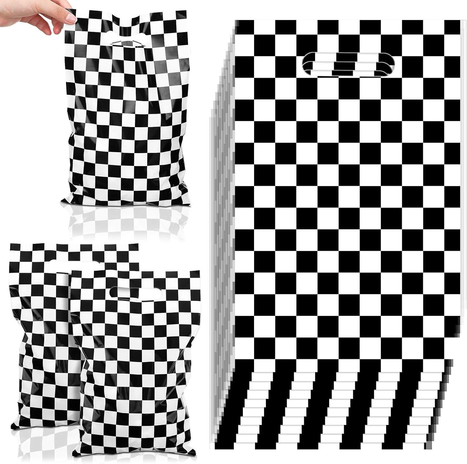 Chinco 50 Pieces Race Car Party Favors Bag Black and White Checkered Treat Candy Bags Racing Plastic Goodie Bags Race Car Theme Party Decorations for Birthday Gift Party 7.87 x 11.8 Inch