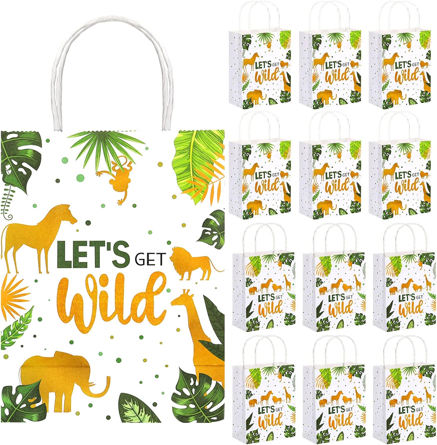 Chinco 12 Pieces Jungle Animal Theme Treat Bags, Safari Paper Goodie Bags Party Favors Candy Bags with Handles Green Gold Jungle Party Supplies for Baby Shower Wedding Birthday Party Decorations