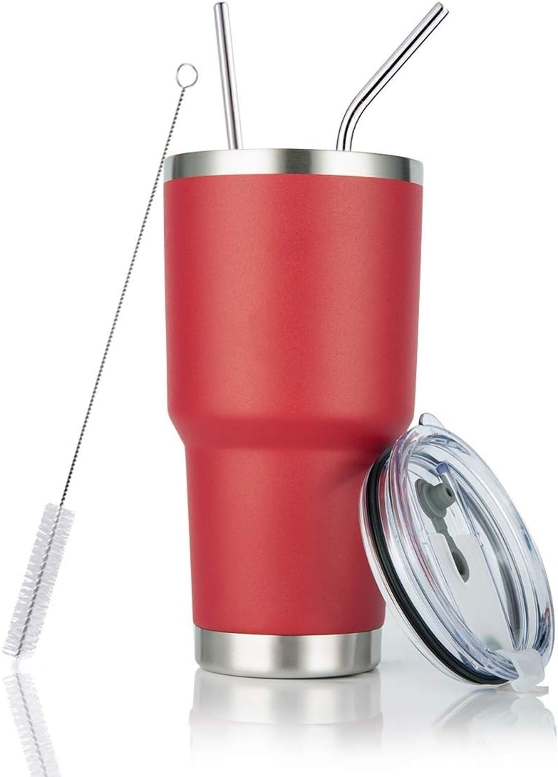 30oz Red Tumbler Stainless Steel Double Wall Vacuum Insulated Mug with Straw and Lid, Cleaning Brush for Cold and Hot Beverages (30oz Red)