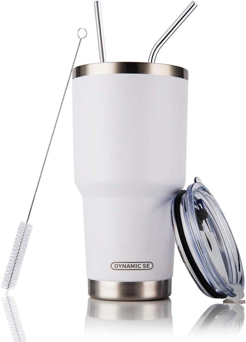 30oz White Tumbler Stainless Steel Double Wall Vacuum Insulated Mug with Straw and Lid, Cleaning Brush for Cold and Hot Beverages (30oz White)