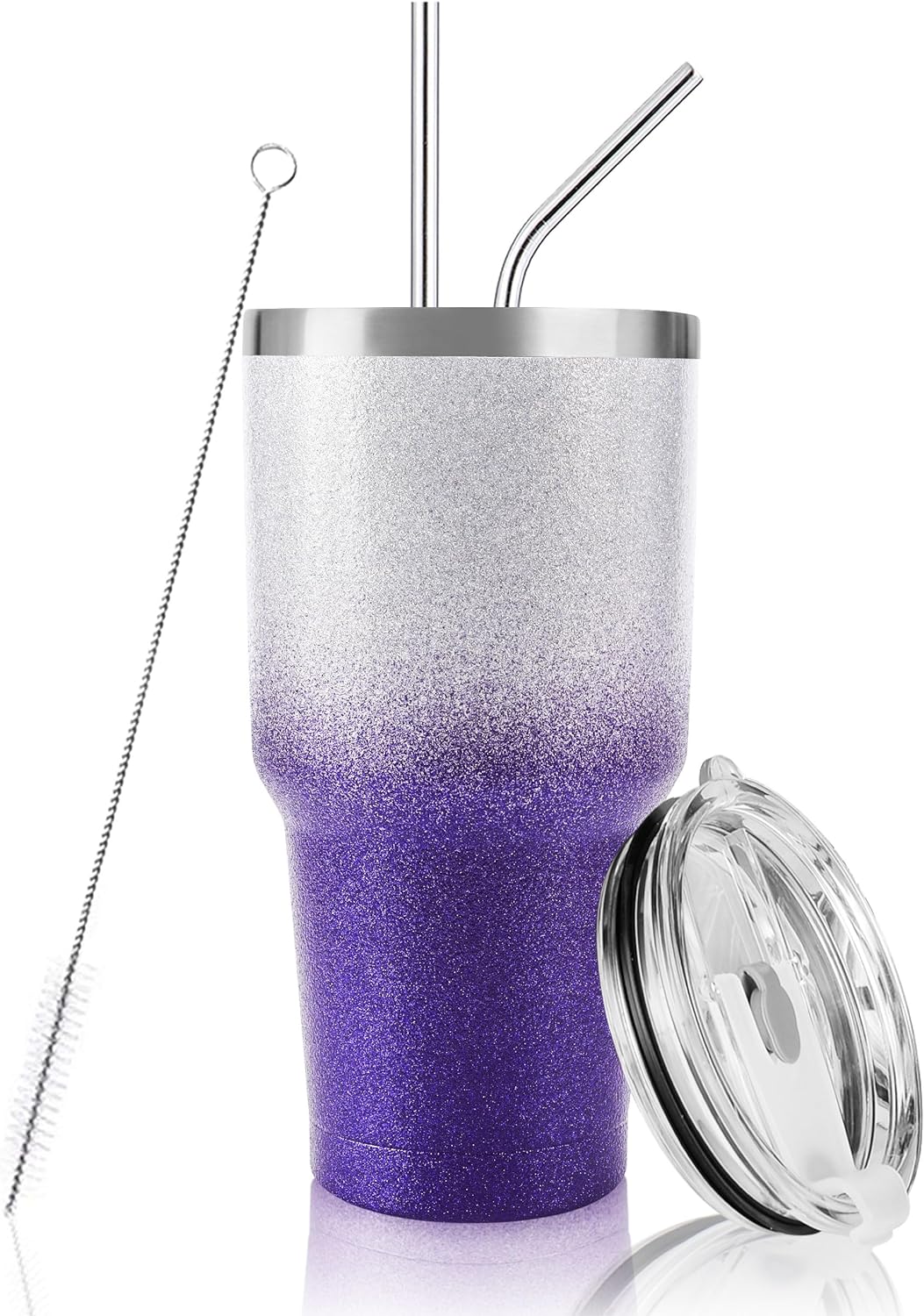 30 oz Tumbler Purple Glitter Gradient Cup Stainless Steel Double Wall Vacuum Insulated Mug with Straw and Lid, Cleaning Brush for Cold and Hot Beverages