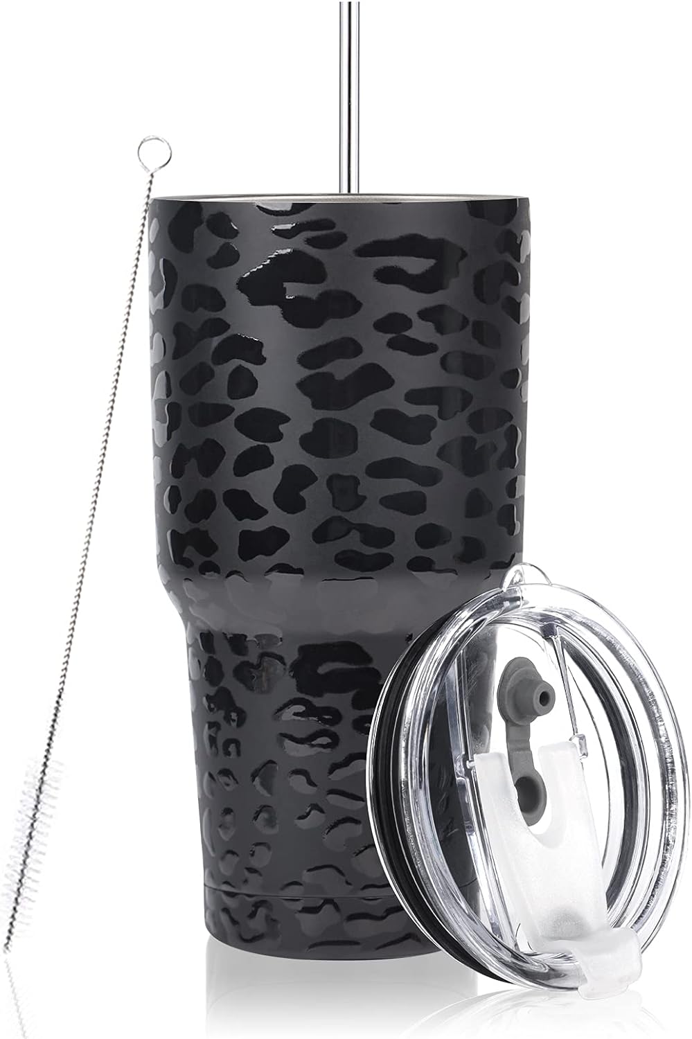 DS 30oz Black Leopard Tumbler Stainless Steel Insulated Travel Mug with Straw Lid Cleaning Brush