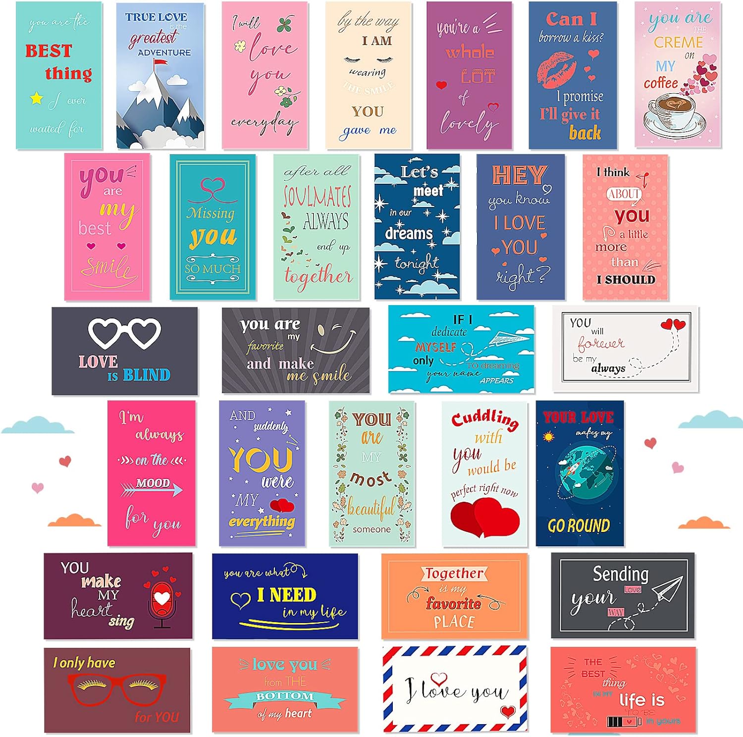 Chinco 120 Pieces Romantic Lunch Box Notes Love Notes for Him Her Mini Valentines Day Cards for Husband Wife 2 x 3.5 Inch Inspirational Design Lunchbox Notes for Adults Beloved Ones, 30 Styles