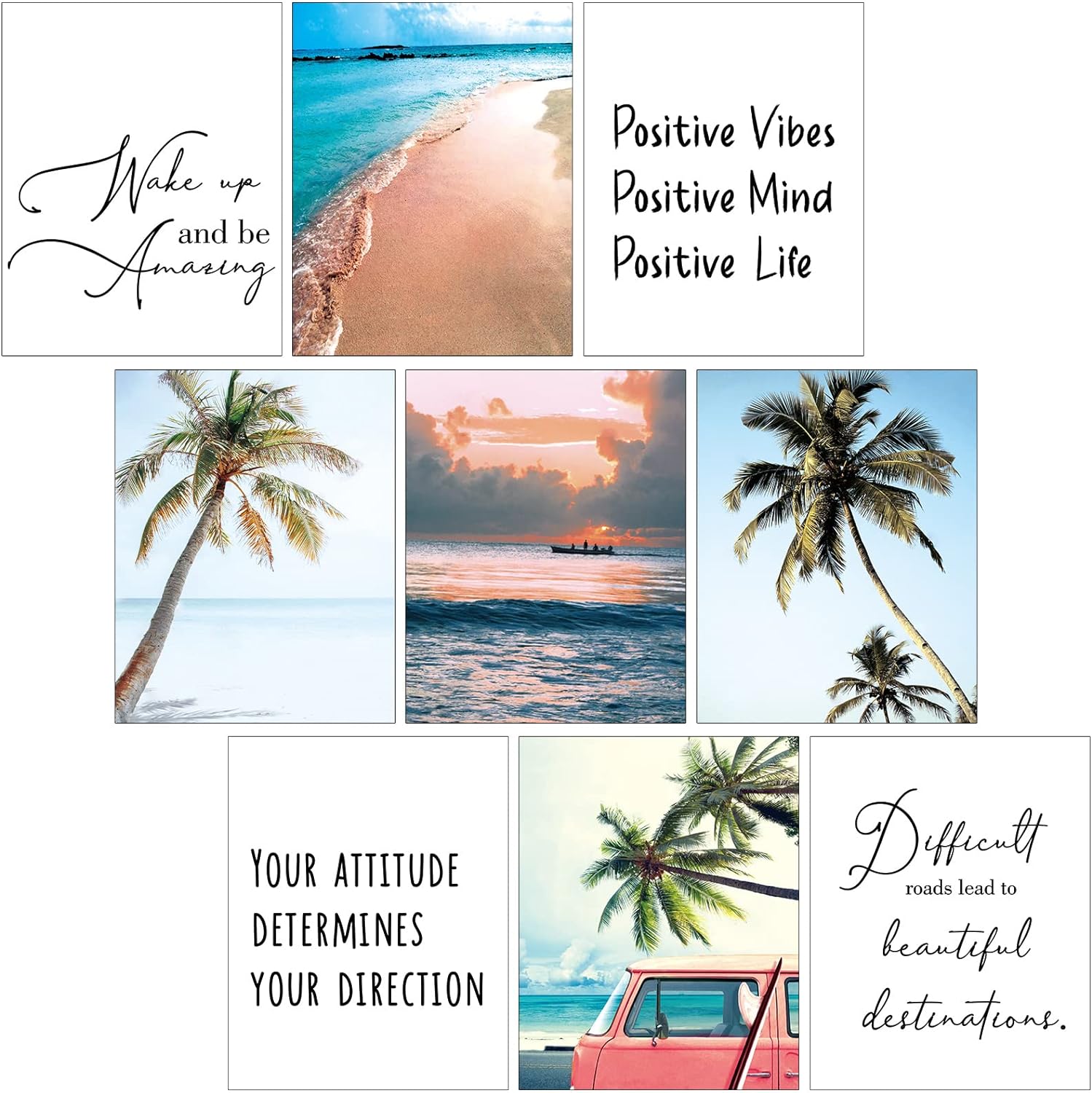 Chinco 9 Pieces Inspirational Beach Wall Art Office Motivational Quotes Wall Art Palm Tree Posters Set Summer Ocean Coastal Photos Prints for Men Women Bedroom Living Room Decoration